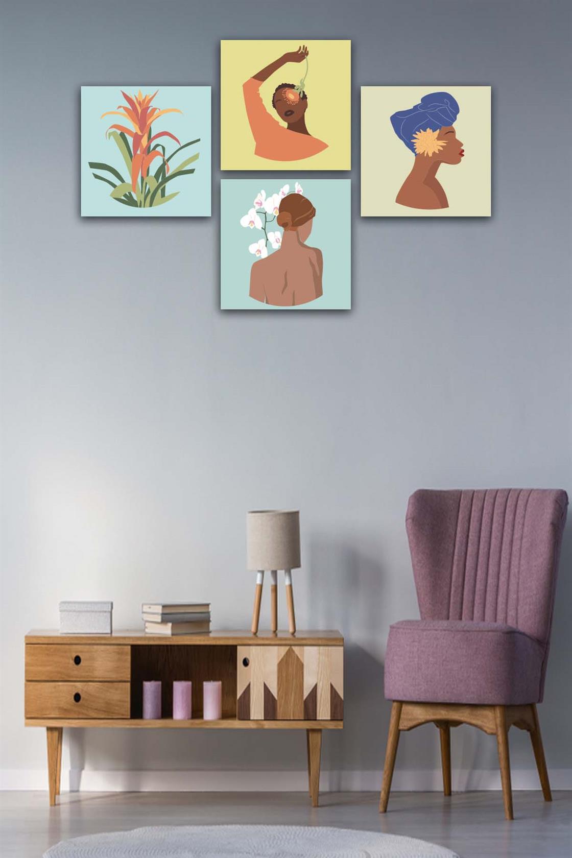 4 Parça Bohem Kadın Uv Baskı Mdf Tablo Seti