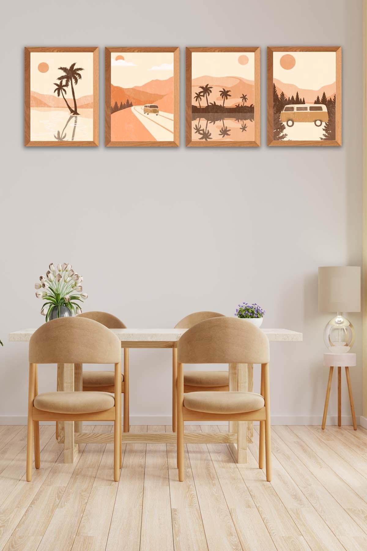 Yaz Ve Palmiye Temalı Ahşap Çerçeve Görünümlü Tablo Seti