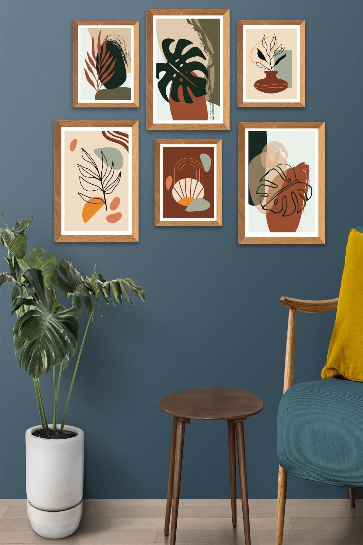 6 Parça Bohem Temalı Ahşap Çerçeve Görünümlü Tablo Seti