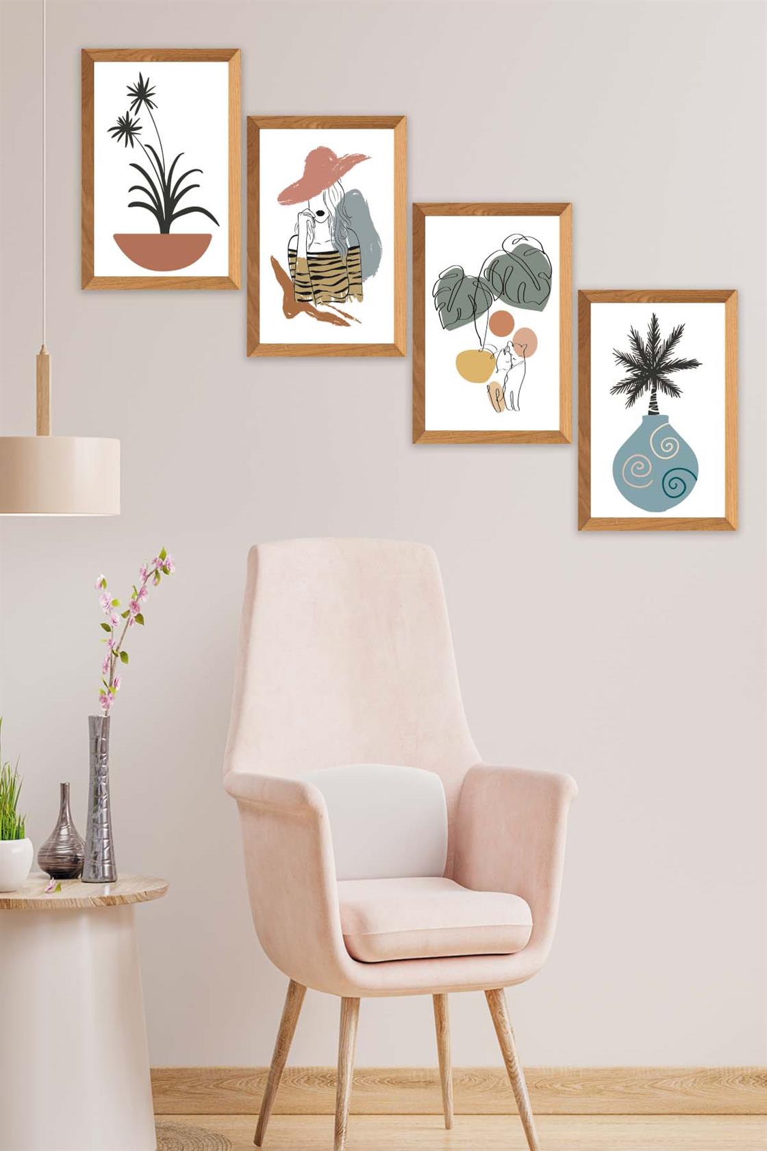 4 Parça Modern Sanatsal Bohem Tarzda (Ahşap çerçeve görünümlü) Uv Baskı Mdf Tablo Seti