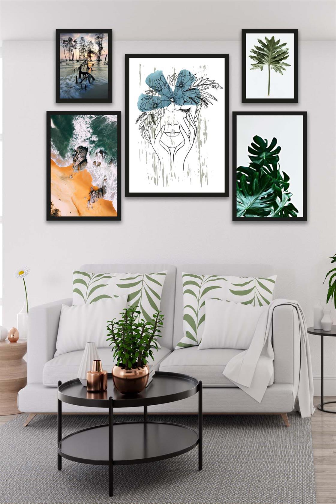 5 Parça Modern Sanat Tarzında Tasarım (Siyah çerçeve görünümlü) Uv Baskı Mdf Tablo Seti
