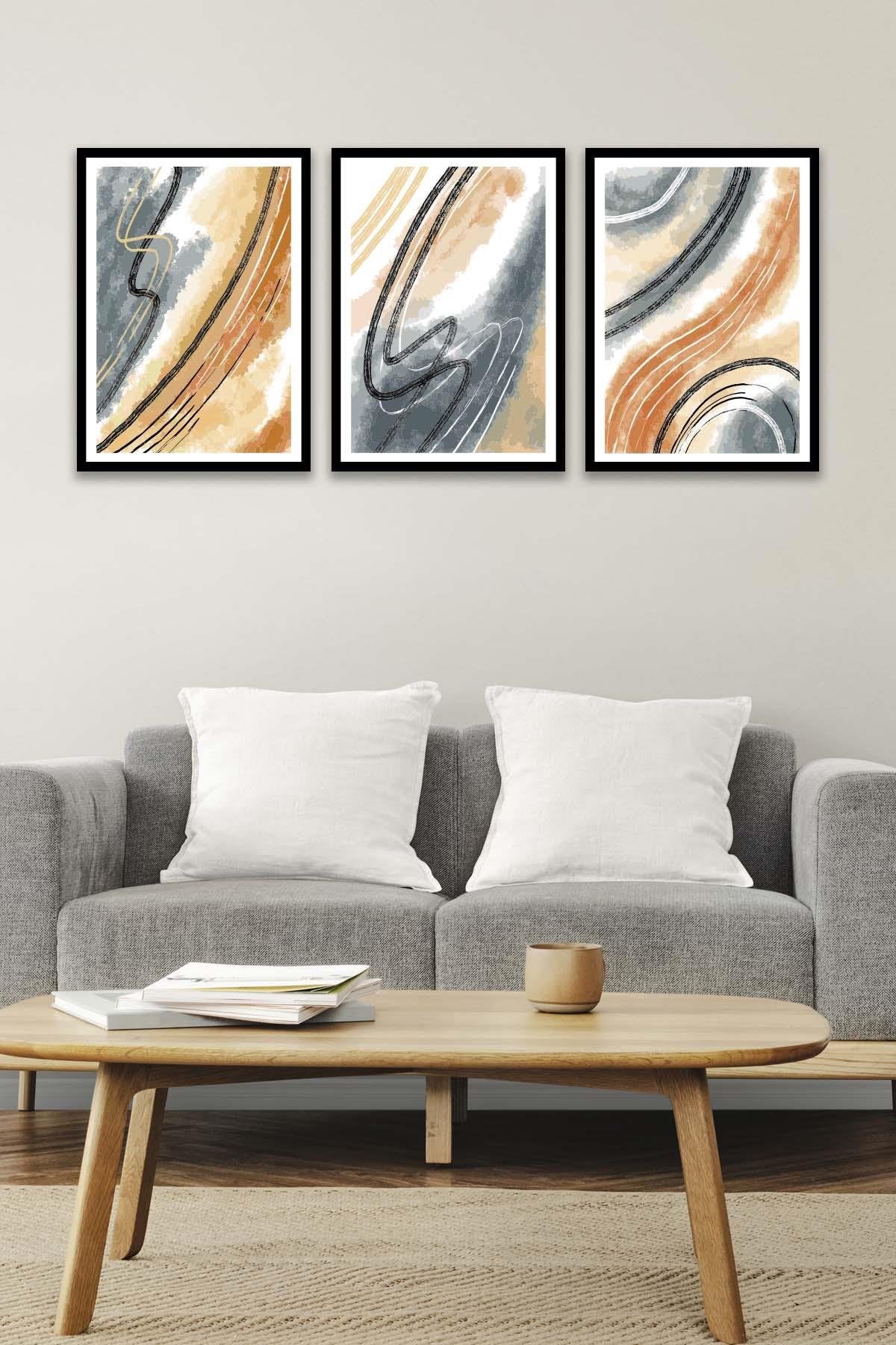 Mermer Deseni Tarzında Siyah Çerçeve Görünümlü Tablo Seti