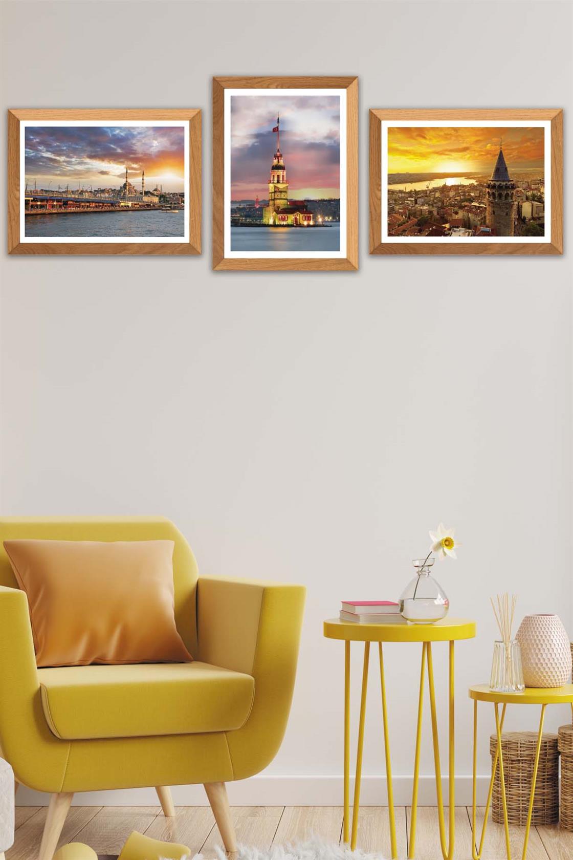 3 Parça Kız Kulesi Ve Galata Kulesi (Ahşap çerçeve görünümlü) Uv Baskı Mdf Tablo Seti