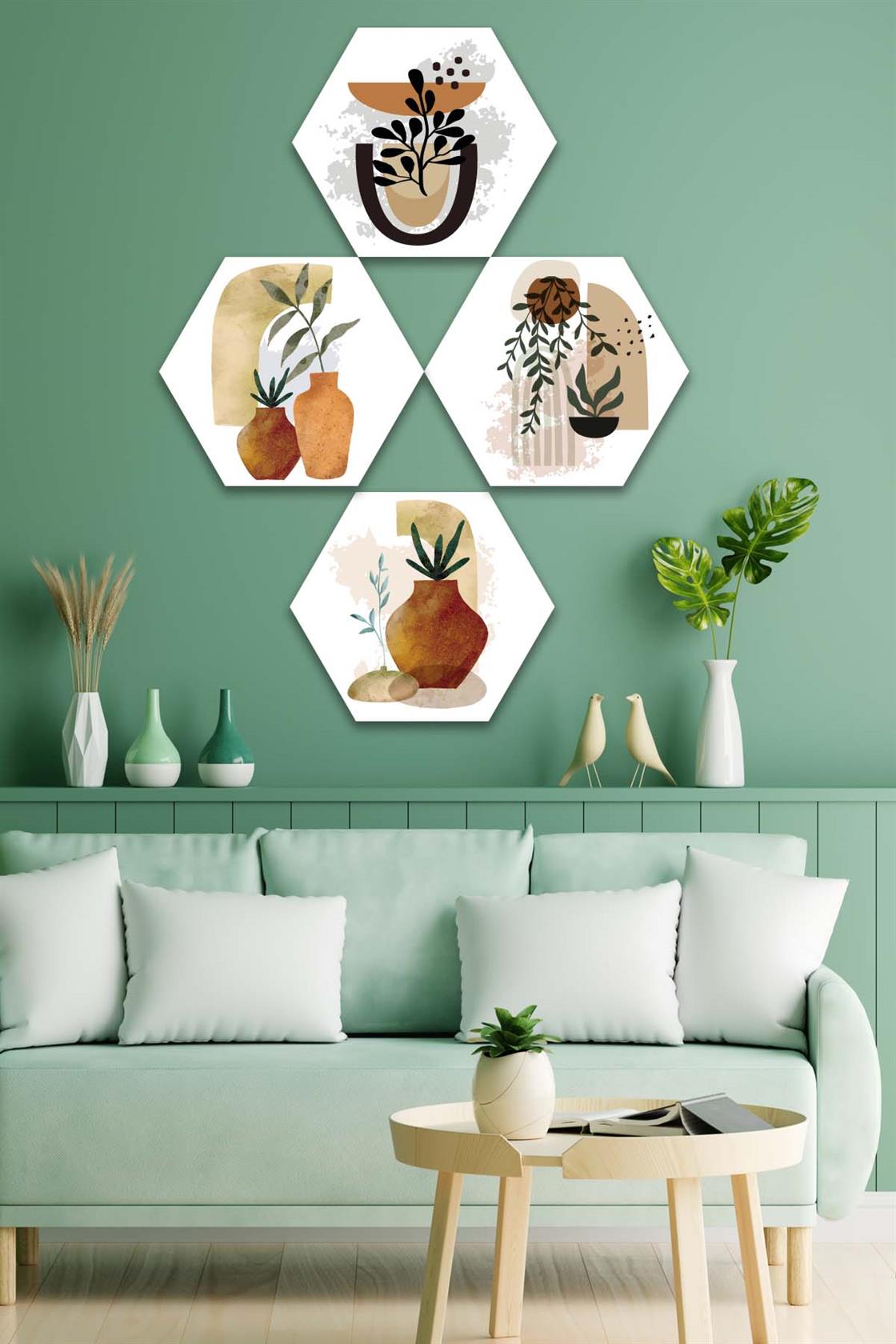 4 Parça Petek Suluboya Modern Tarzda Tasarım Uv Baskı Mdf Tablo Seti