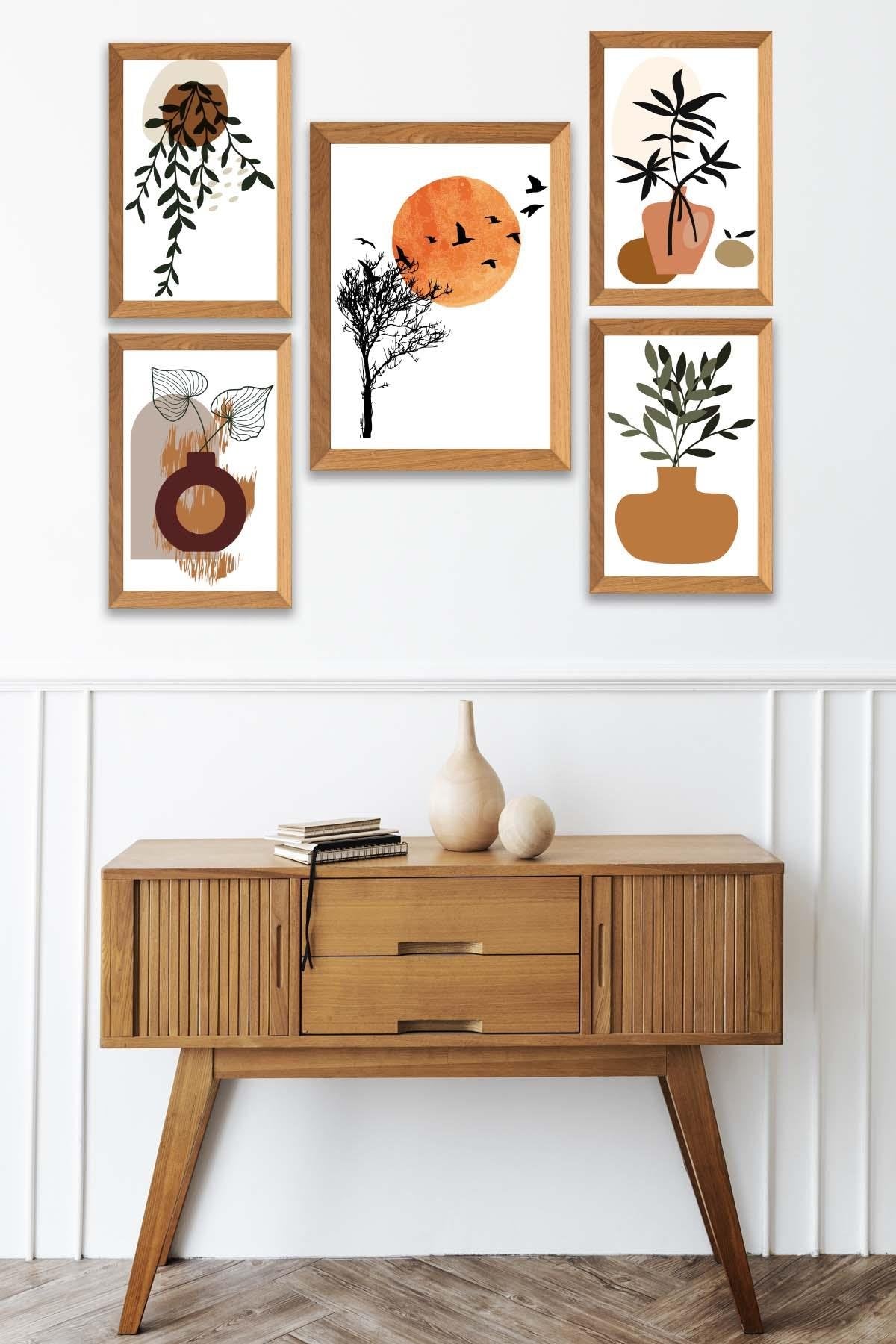 5 Parça Dal Ve Bohem Temalı Ahşap Çerçeve Görünümlü Tablo Seti