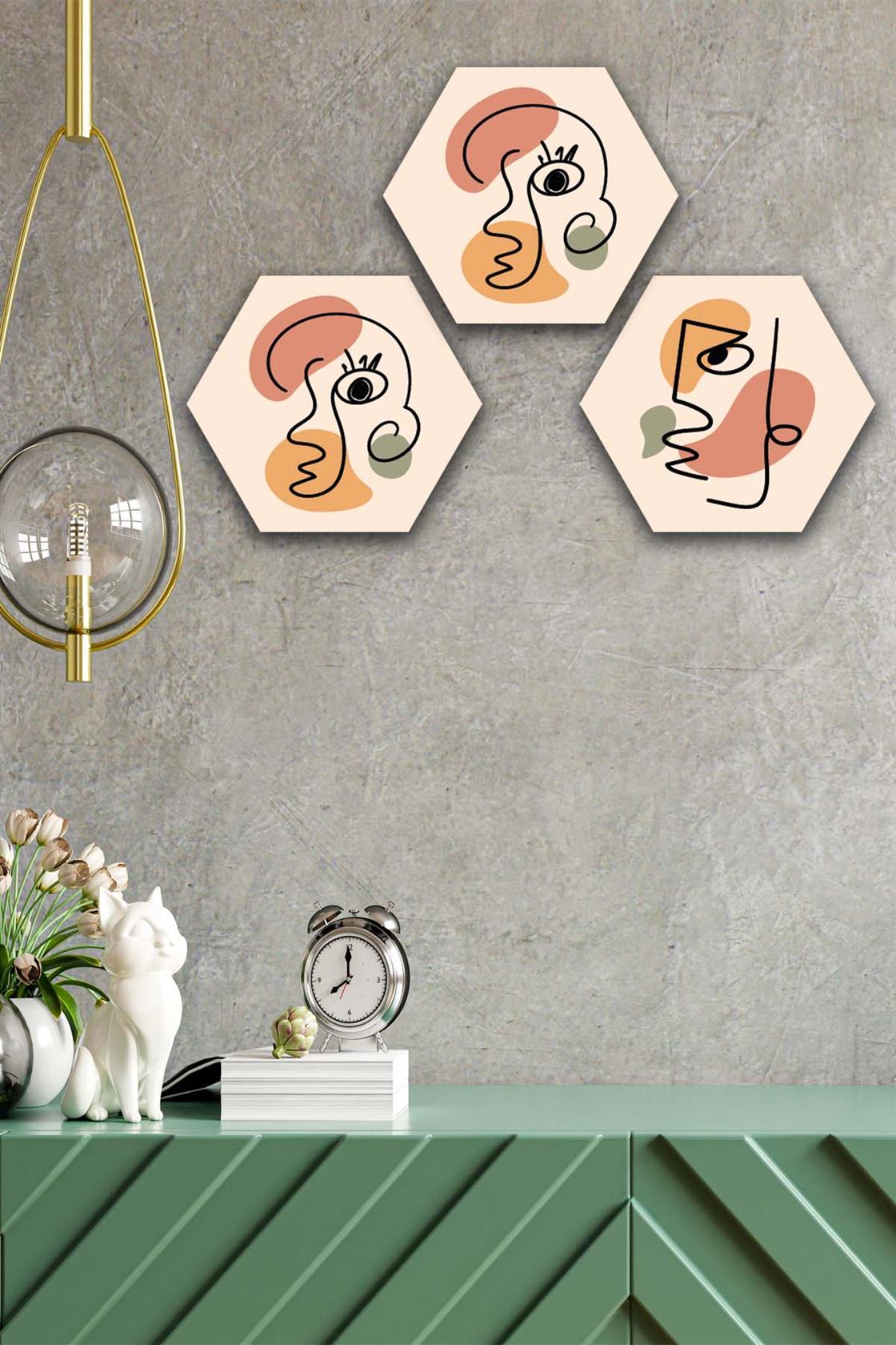 3 Parça Altıgen Petek Tasarımı Tarzında Bohem Mdf Tablo Seti