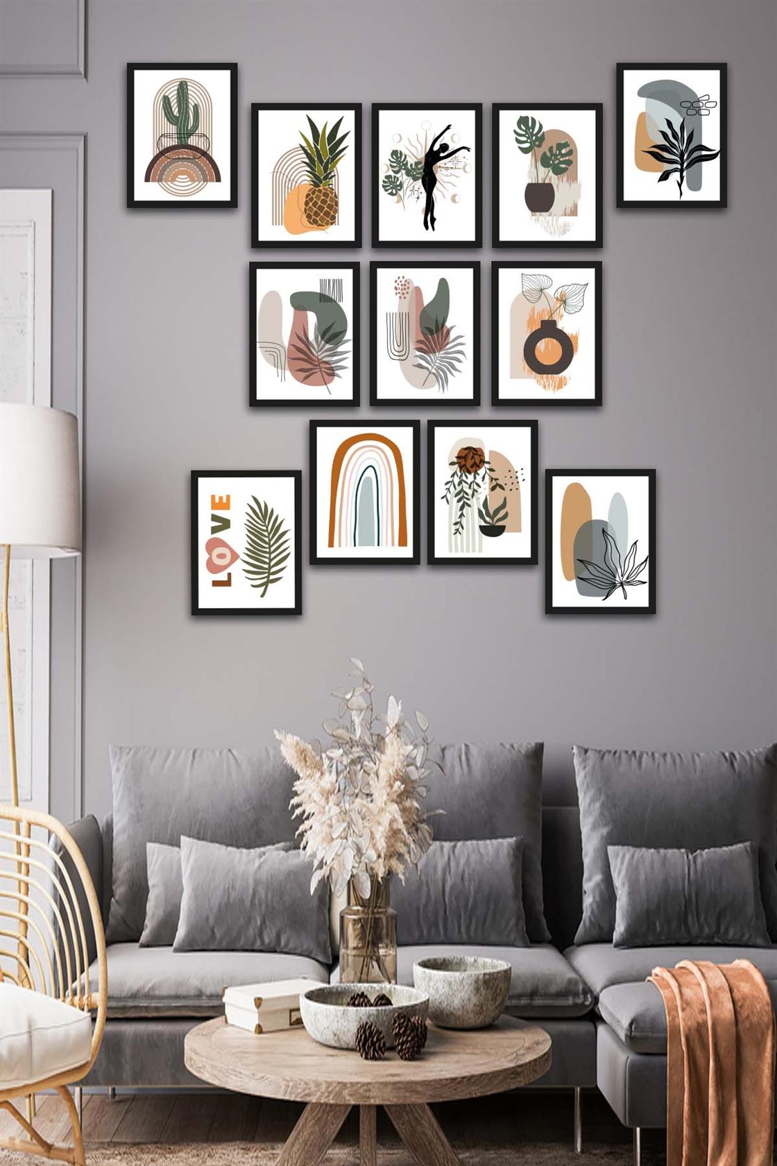 12 Parça Bohem Tarzda Sanatsal Siyah Çerçeve Görünümlü Uv Baskı Mdf Tablo Seti