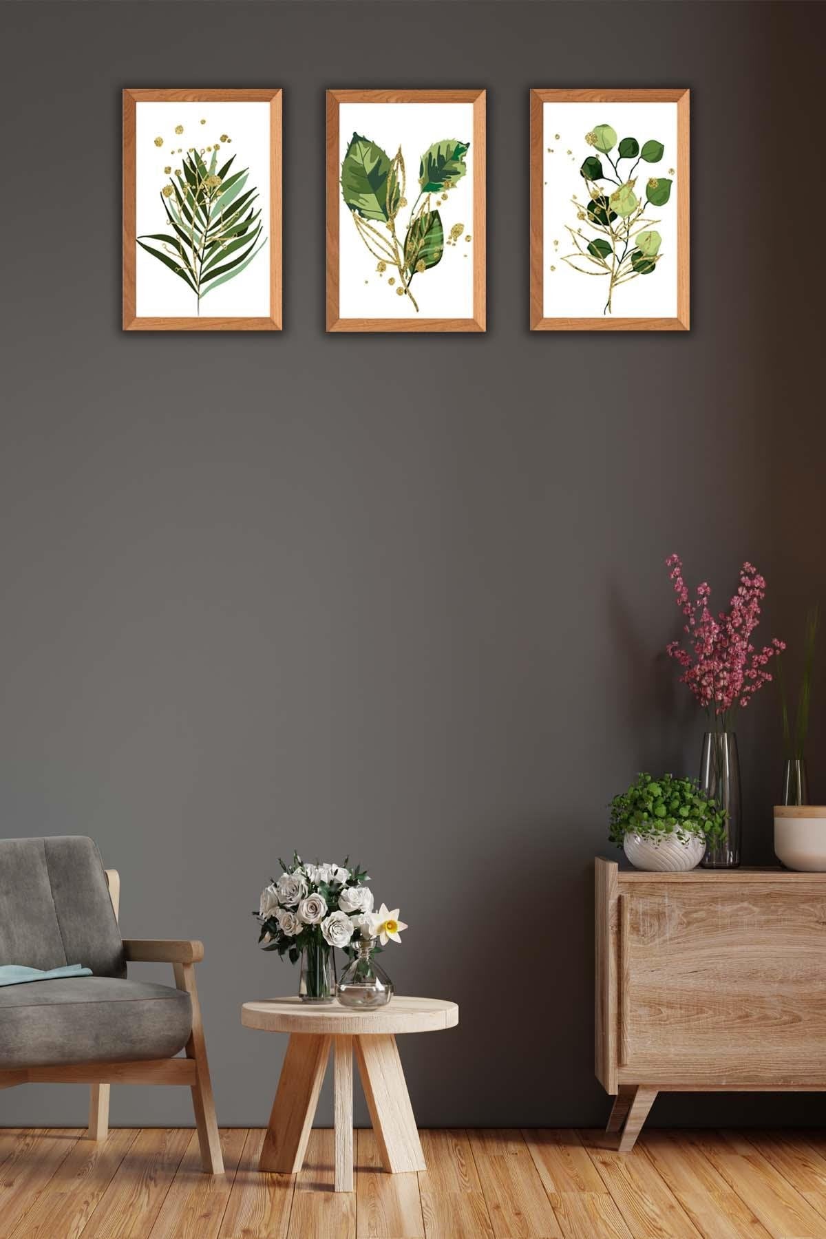 Yeşil Çiçek Temalı Ahşap Çerçeve Görünümlü Tablo Seti