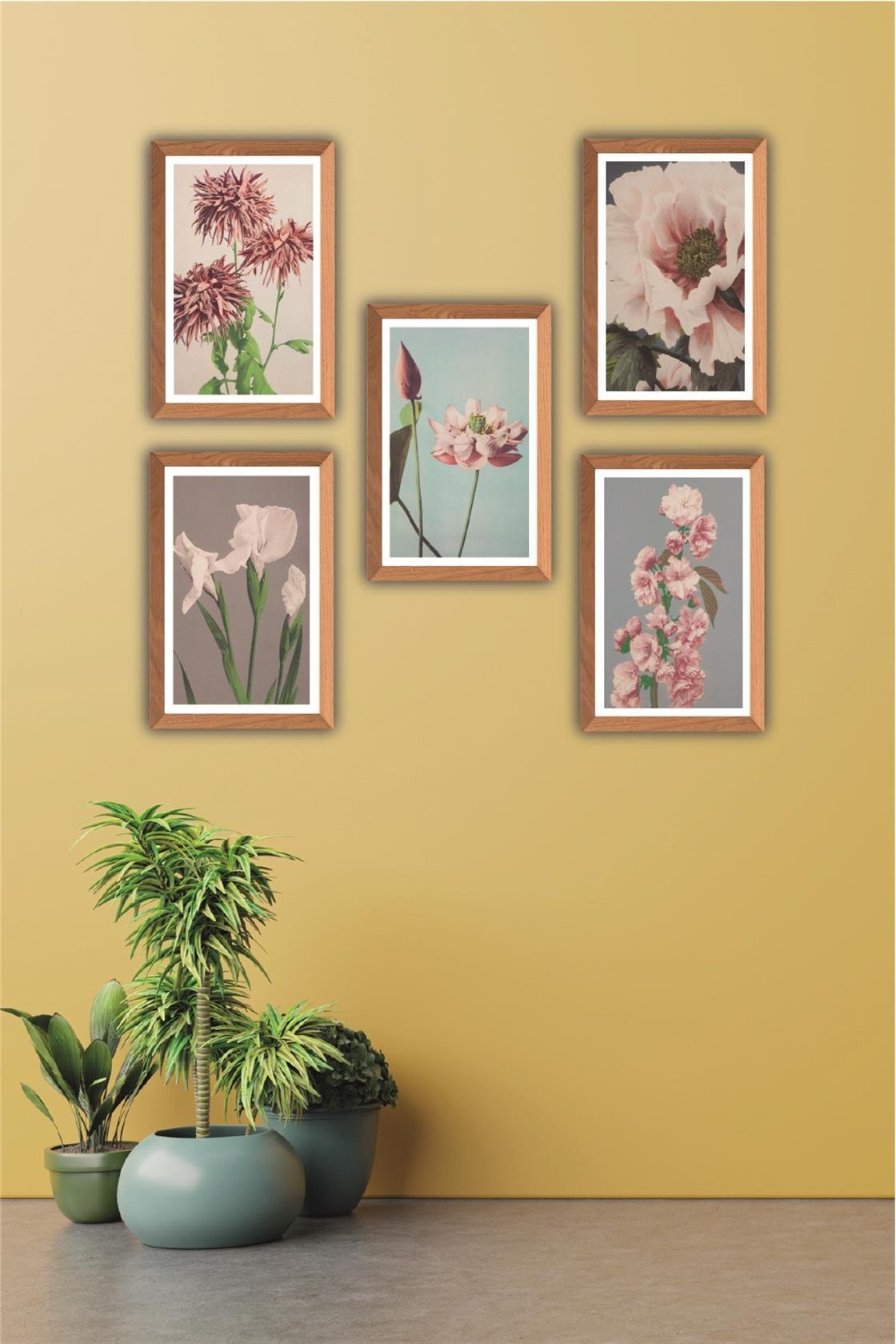 5 Parça Ahşap çerçeve Görünümlü Çiçek Desenli Uv baskı Mdf Tablo Seti