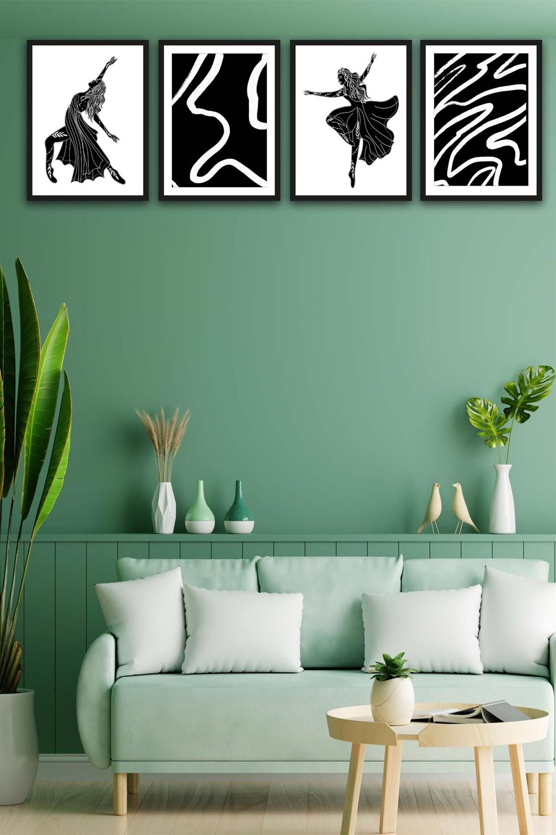 4 Parça Siyah Beyaz Dans Siyah Çerçeve Görünümlü Tasarım Uv Baskı Mdf Tablo Seti