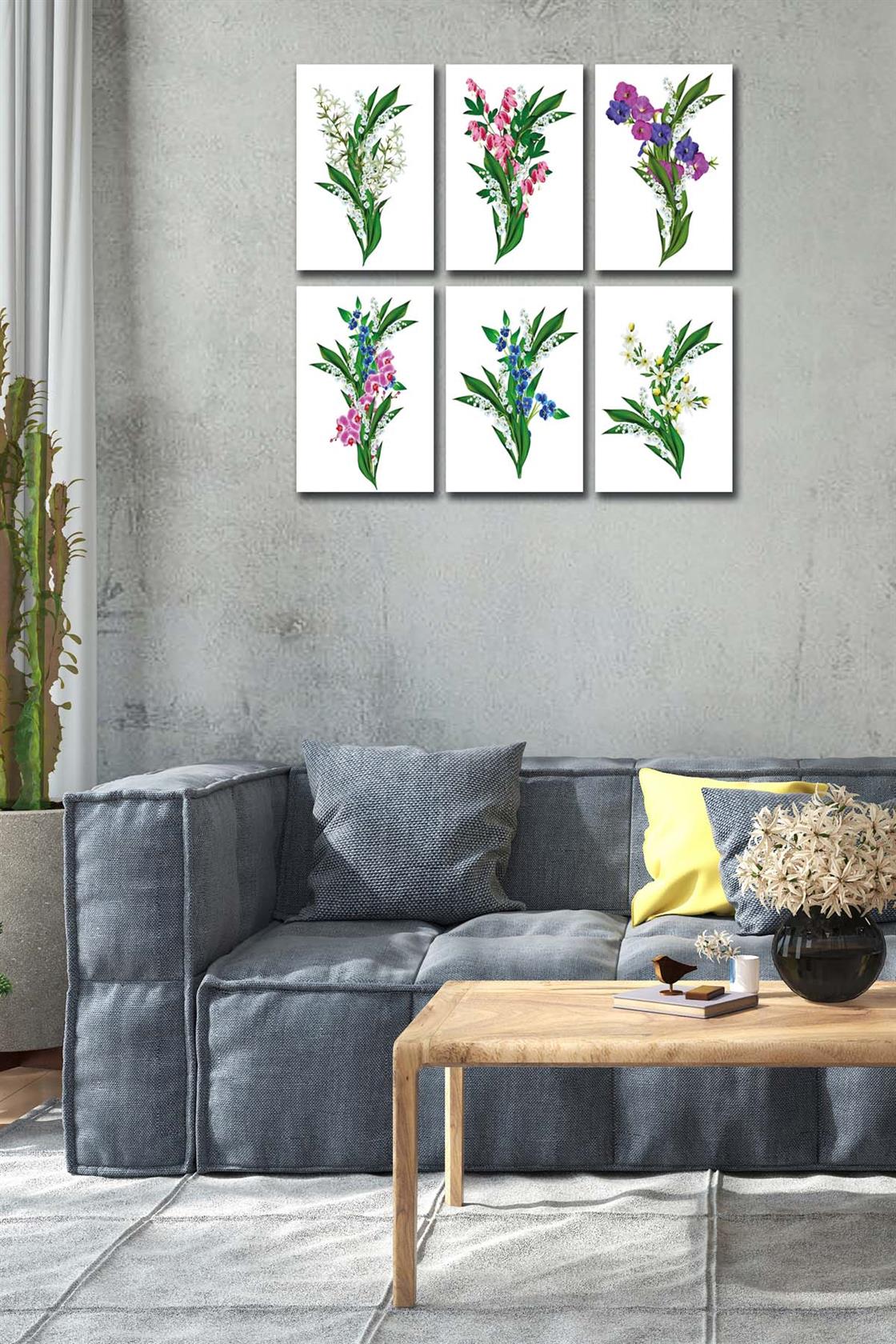 6 Parça Yeşil Çiçekler tablo seti