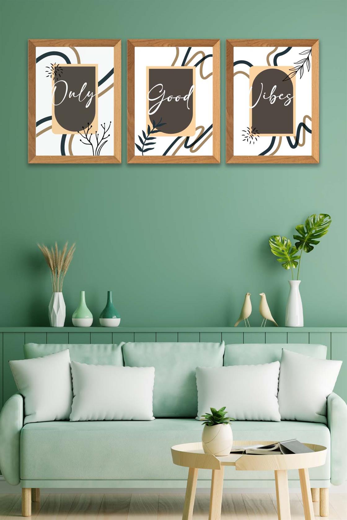 3 Parça Modern Sanatsal Tarzda (Ahşap çerçeve görünümlü) Uv Baskı Mdf Tablo Seti