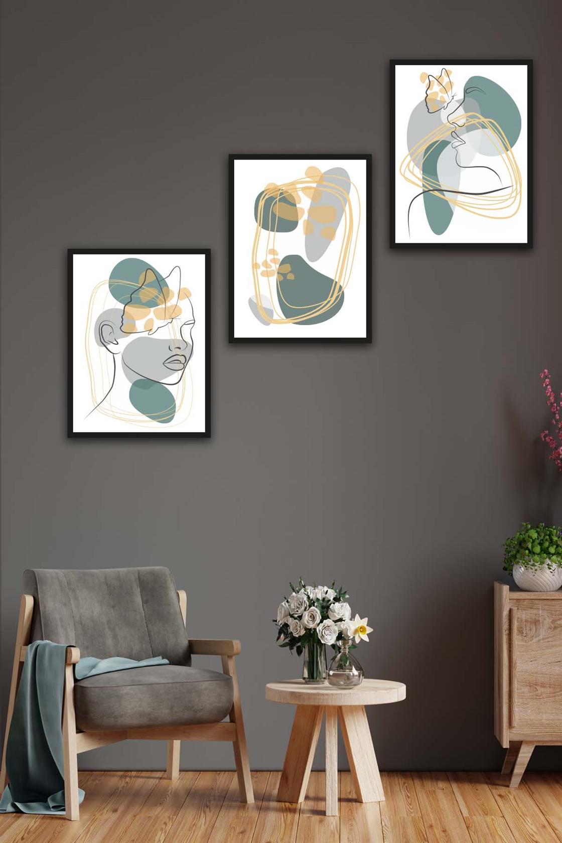 3 Parça Modern Lineart Suliet Tarzda Sanatsal Siyah Çerçeve Görünümlü Uv Baskı Mdf Tablo Seti
