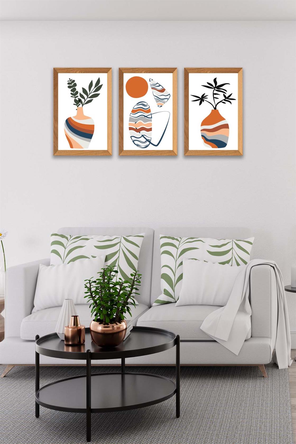 3 Parça Modern Sanatsal Bohem Tarzda (Ahşap çerçeve görünümlü) Uv Baskı Mdf Tablo Seti