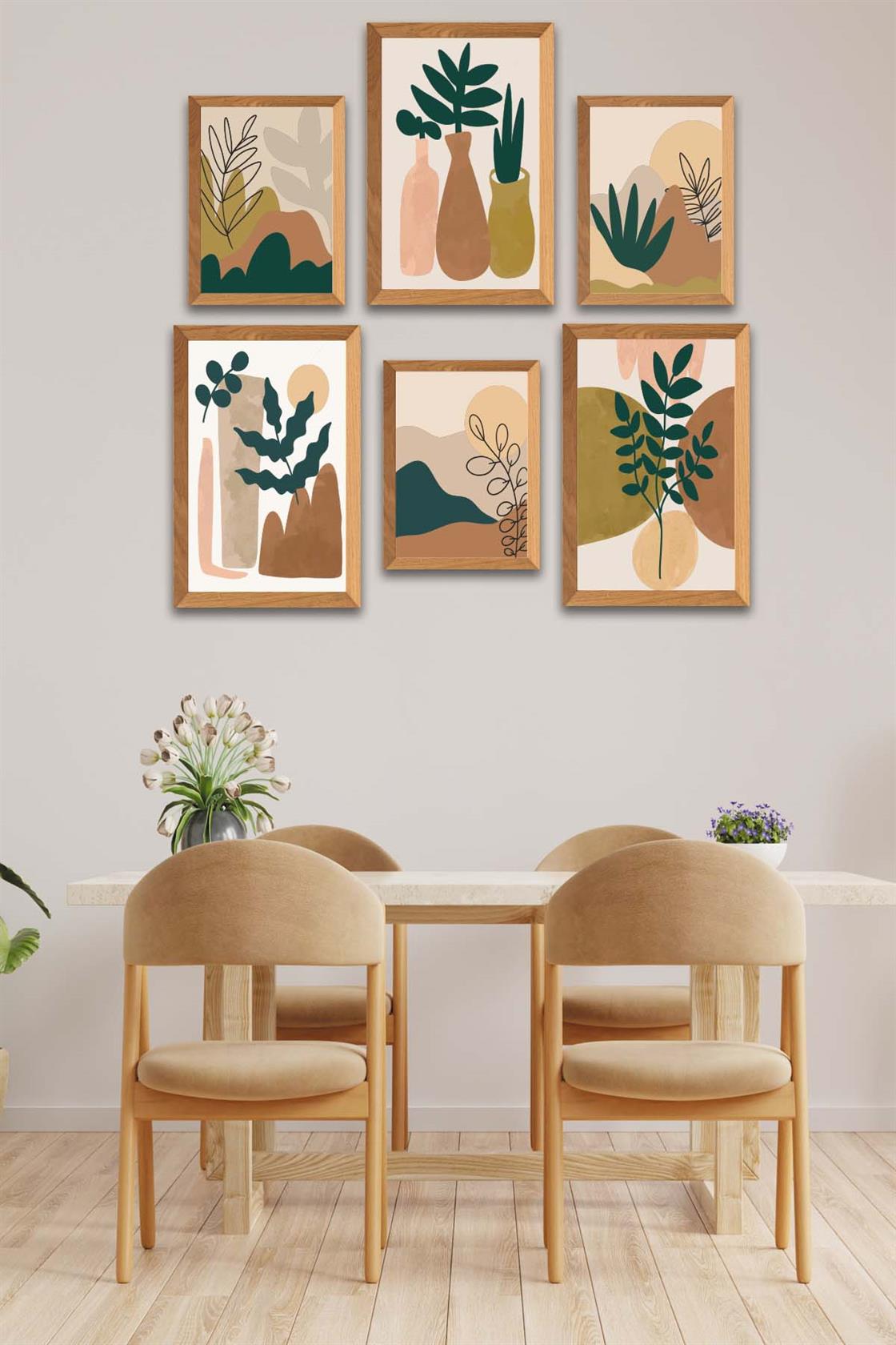 6 Parça Sanatsal Bohem Tarzında (Ahşap çerçeve görünümlü) Uv Baskı Mdf Tablo Seti