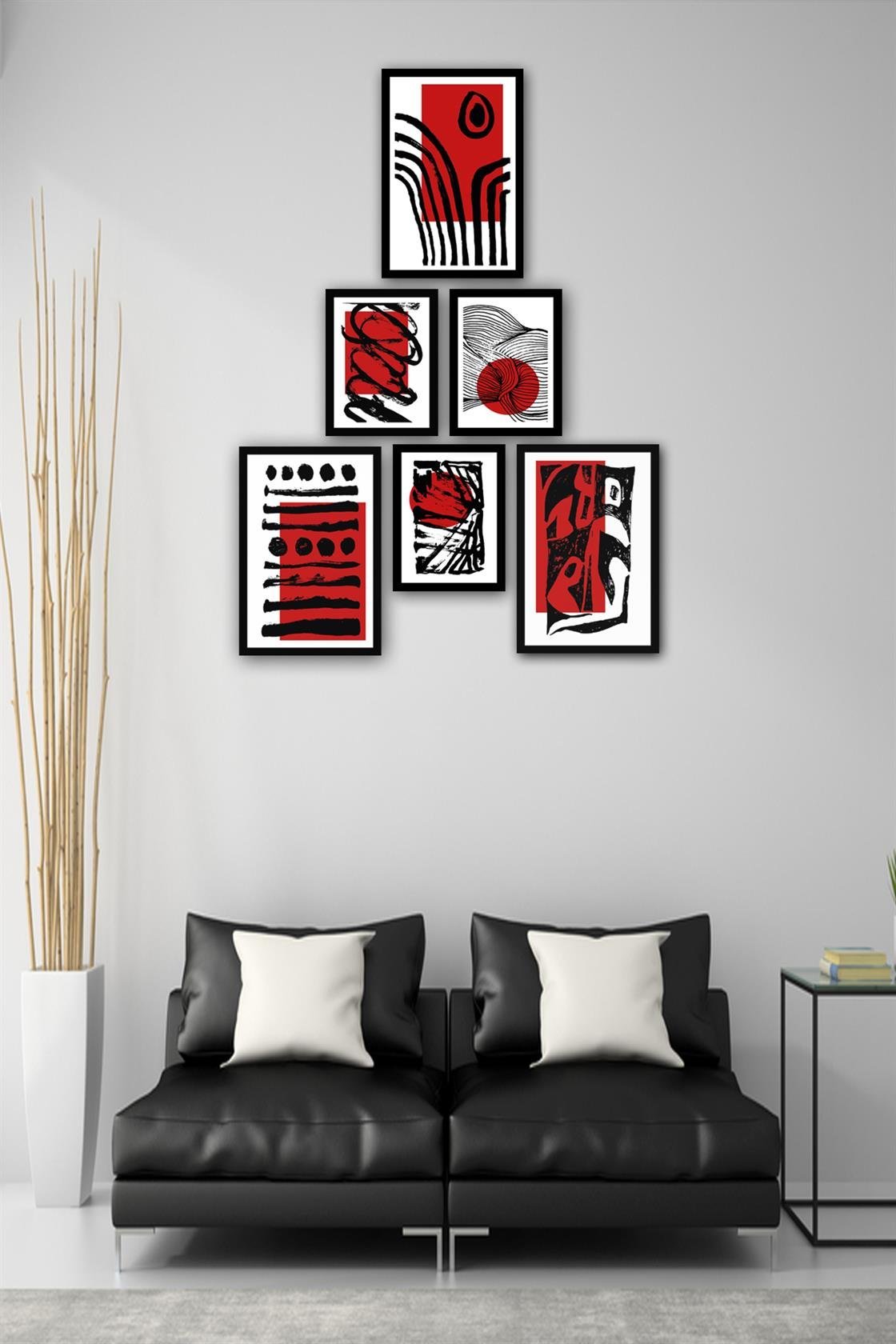 6 Parça Modern Sanat Tarzında Siyah Çerçeve Görünümlü Uv Baskı Mdf Tablo Seti