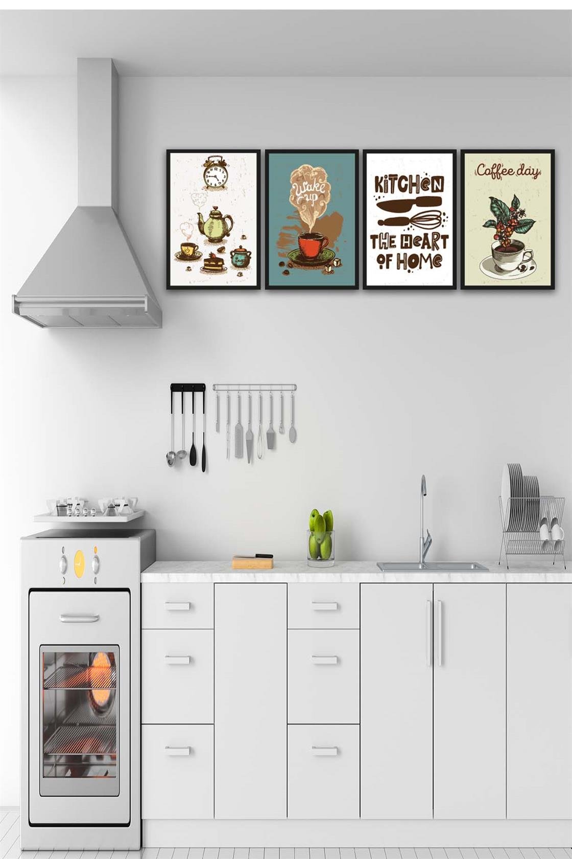 4 Parça Mutfak ve Cafe Dekorları İçin Mdf Tablo Seti