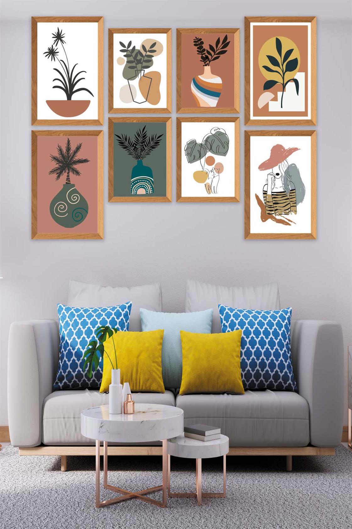 8 Parça Modern Sanatsal Bohem Tarzda (Ahşap çerçeve görünümlü) Uv Baskı Mdf Tablo Seti