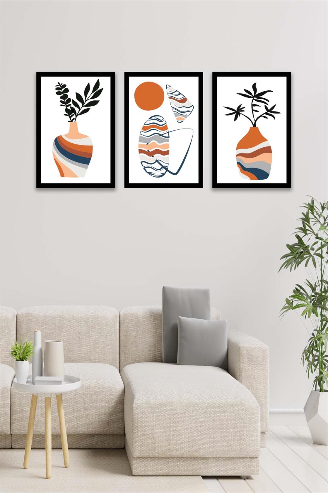 3 Parça Vazo Bohem Tarzında Siyah Çerçeve Görünümlü Dijital Baskı Tablo Seti