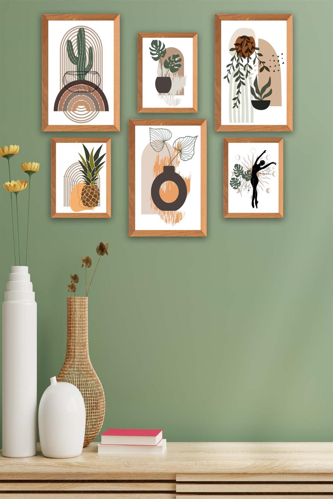 6 Parça Bohem Tarzda Sanatsal Ahşap Çerçeve Görünümlü Uv Baskı Mdf Tablo Seti