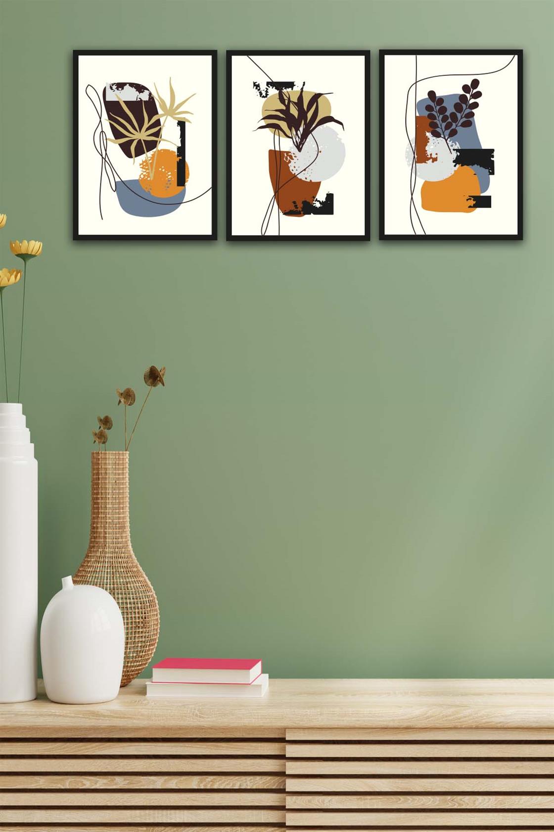 3 Parça Bohem Tarzda Sanatsal Siyah Çerçeve Görünümlü Uv Baskı Mdf Tablo Seti
