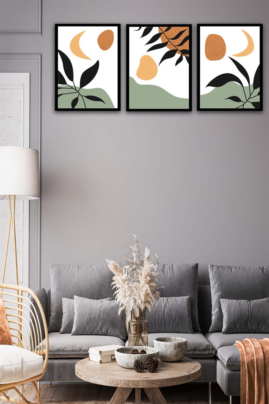 3 Parça Modern Bohem Tarzda Sanatsal Siyah Çerçeve Görünümlü Uv Baskı Mdf Tablo Seti