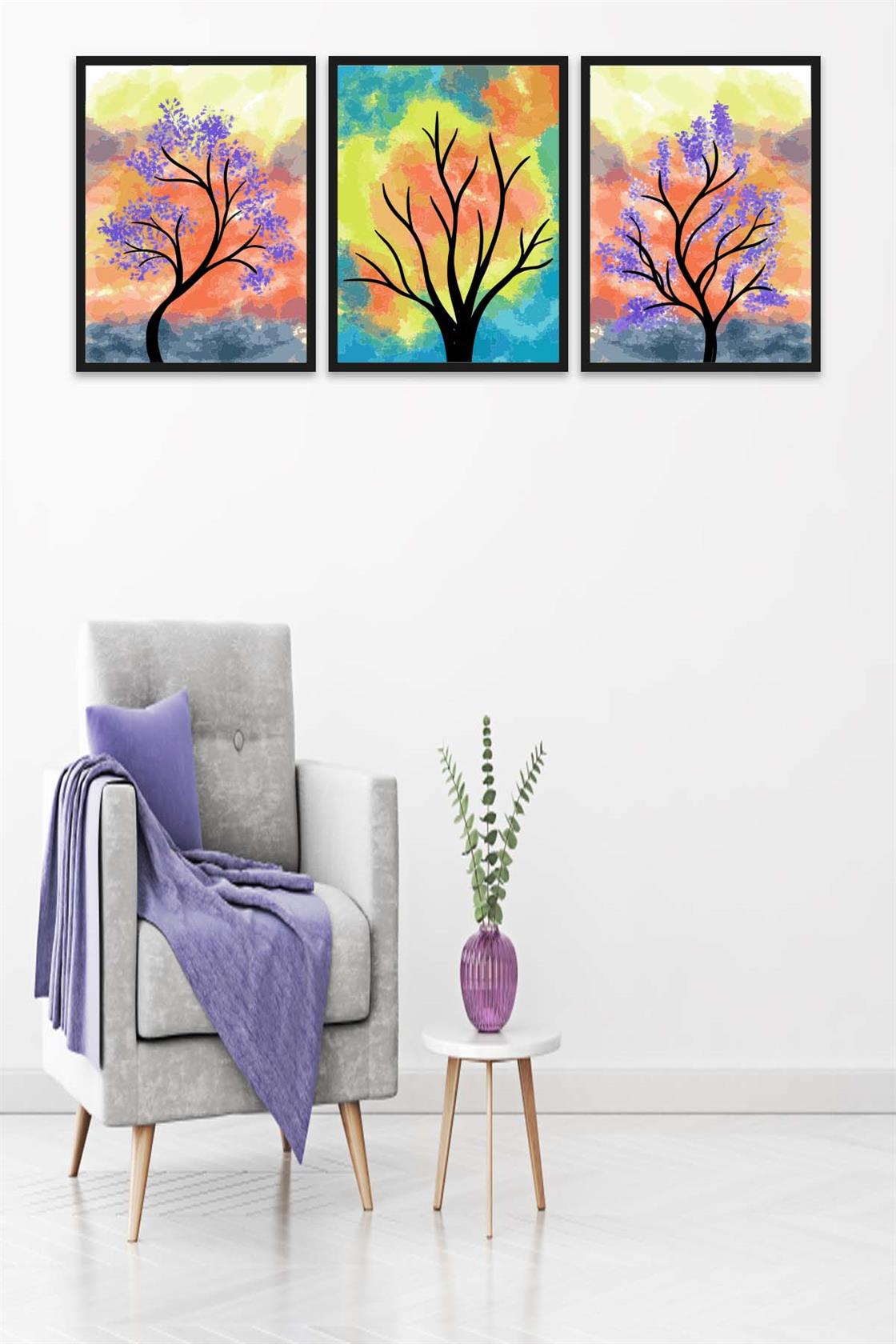 3 Parça Renkli Kuru Ağaç Tarzda Sanatsal Siyah Çerçeve Görünümlü Uv Baskı Mdf Tablo Seti