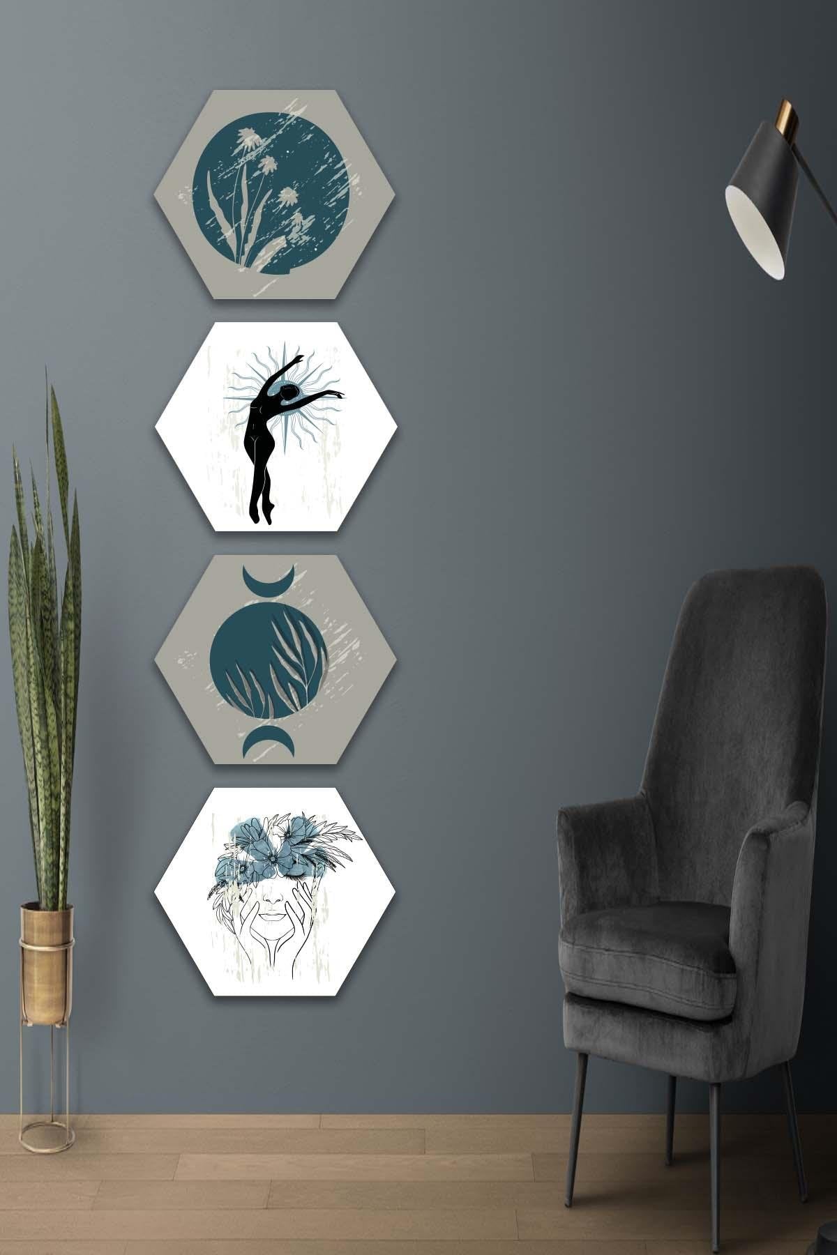 4 Parça Sanatsal Tarzda Petek Tasarım Tablo Seti