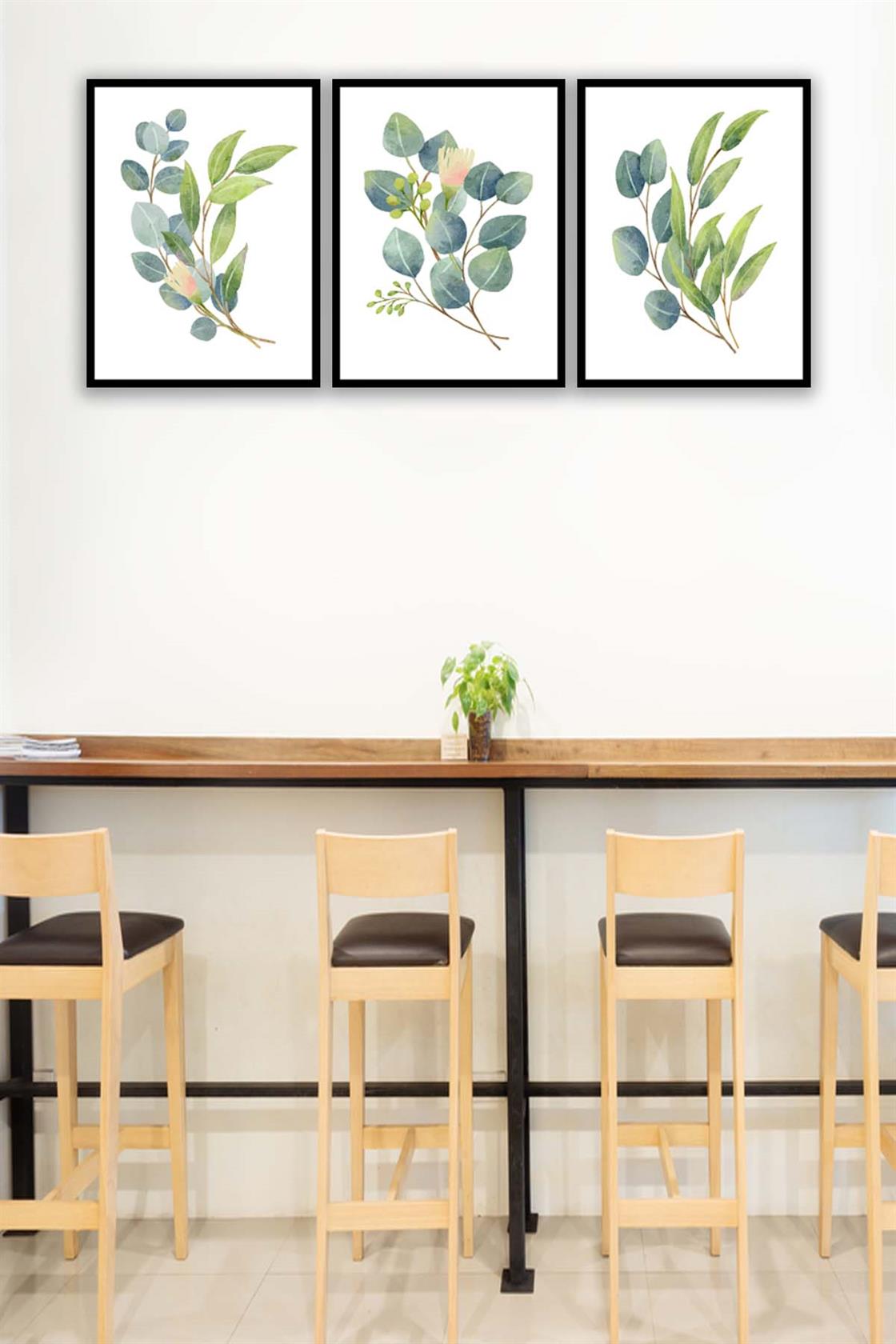 3 Parça Suluboya Tarzında Botanik Çiçekler Tablo Seti