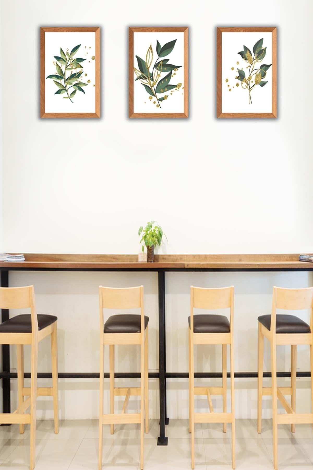 Yeşil Çiçek Temalı Ahşap Çerçeve Görünümlü Tablo Seti