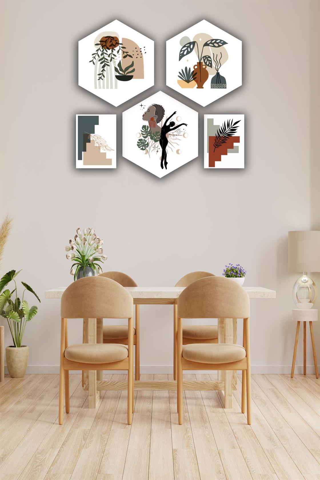 5 Parça Petek Ve Dikdörtgen Tasarım Bohem Tarzında Uv Baskı Mdf Tablo Seti