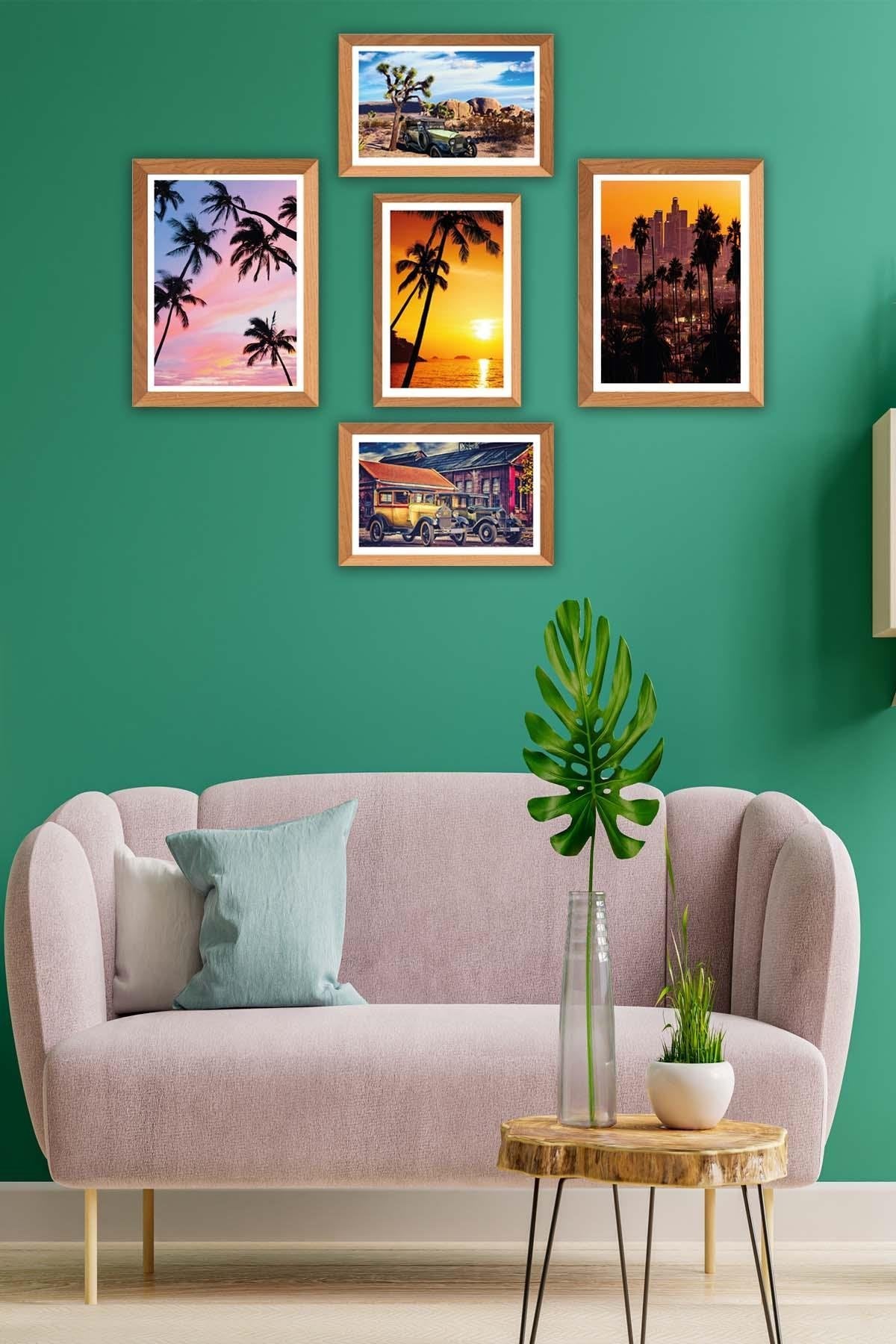 Palmiye Temalı Ahşap Çerçeve Görünümlü Tablo Seti