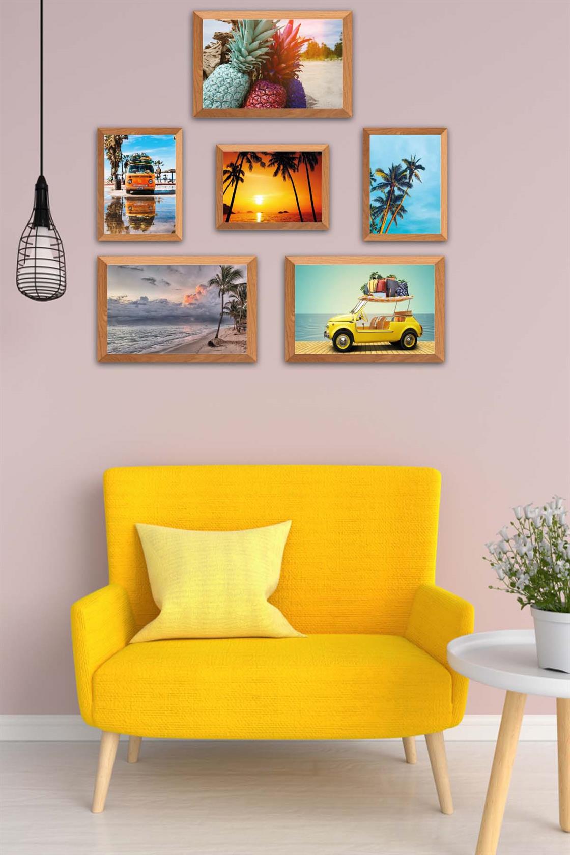 6 Parça Yaz Manzara Tarzında Ahşap Çerçeve Görünümlü Uv Baskı Mdf Tablo Seti