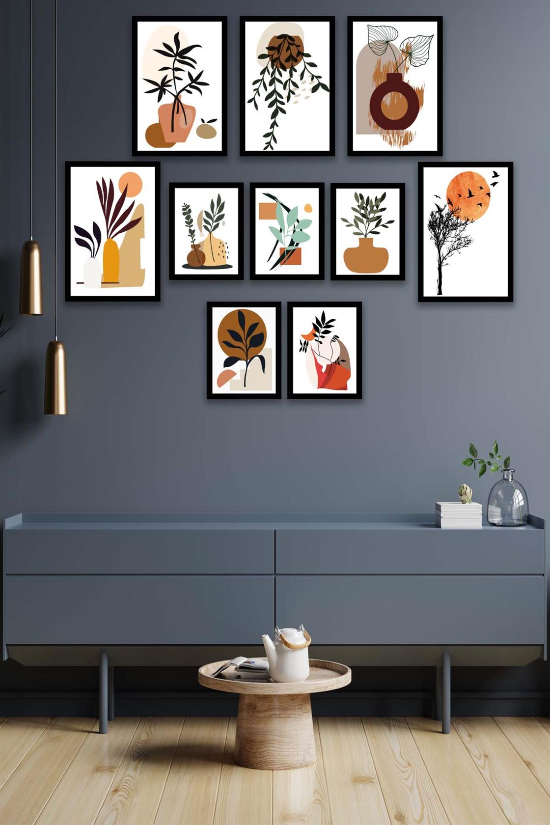 10 Parça Modern Sanatsal Bohem Tarzda (Siyah çerçeve görünümlü) Uv Baskı Mdf Tablo Seti