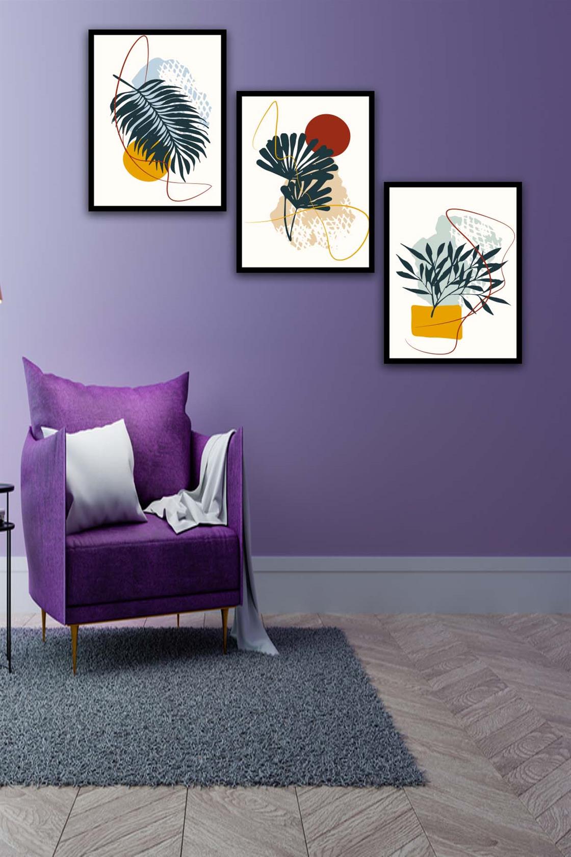 3 Parça Botanic Tarzda Sanatsal Siyah Çerçeve Görünümlü Uv Baskı Mdf Tablo Seti