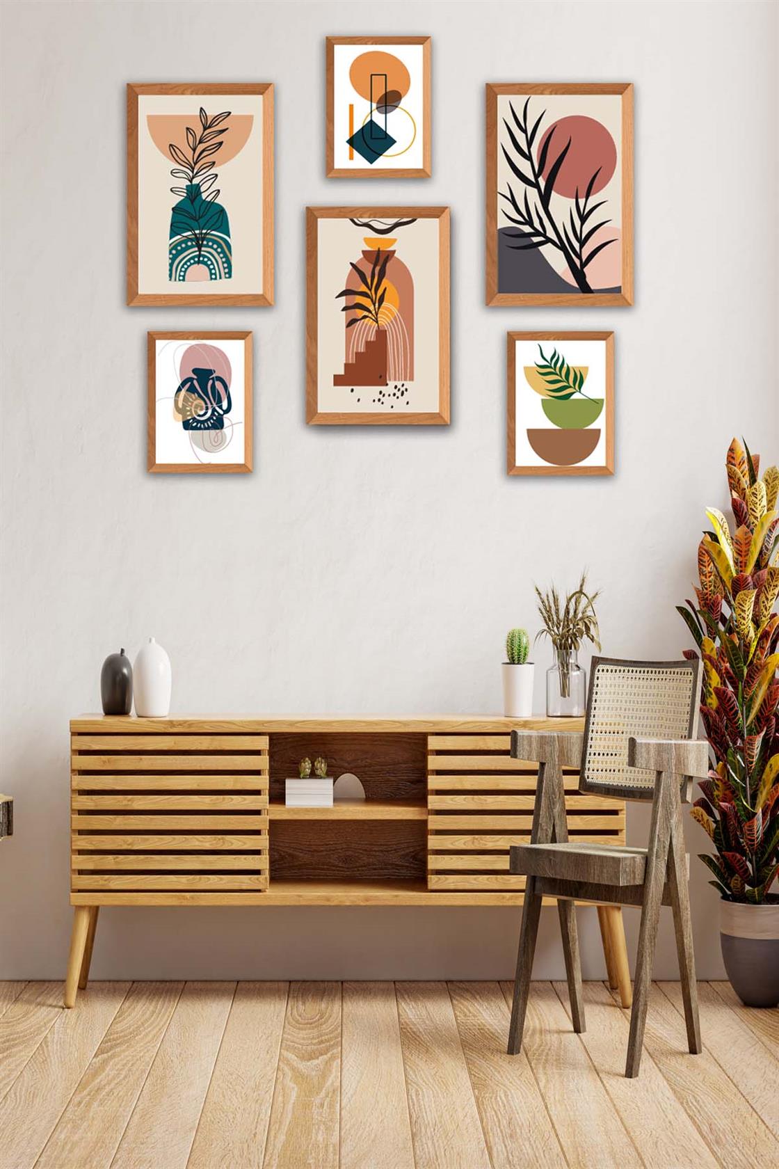 6 Parça Ahşap Çerçeve Görünümlü Bohem Tablo Seti