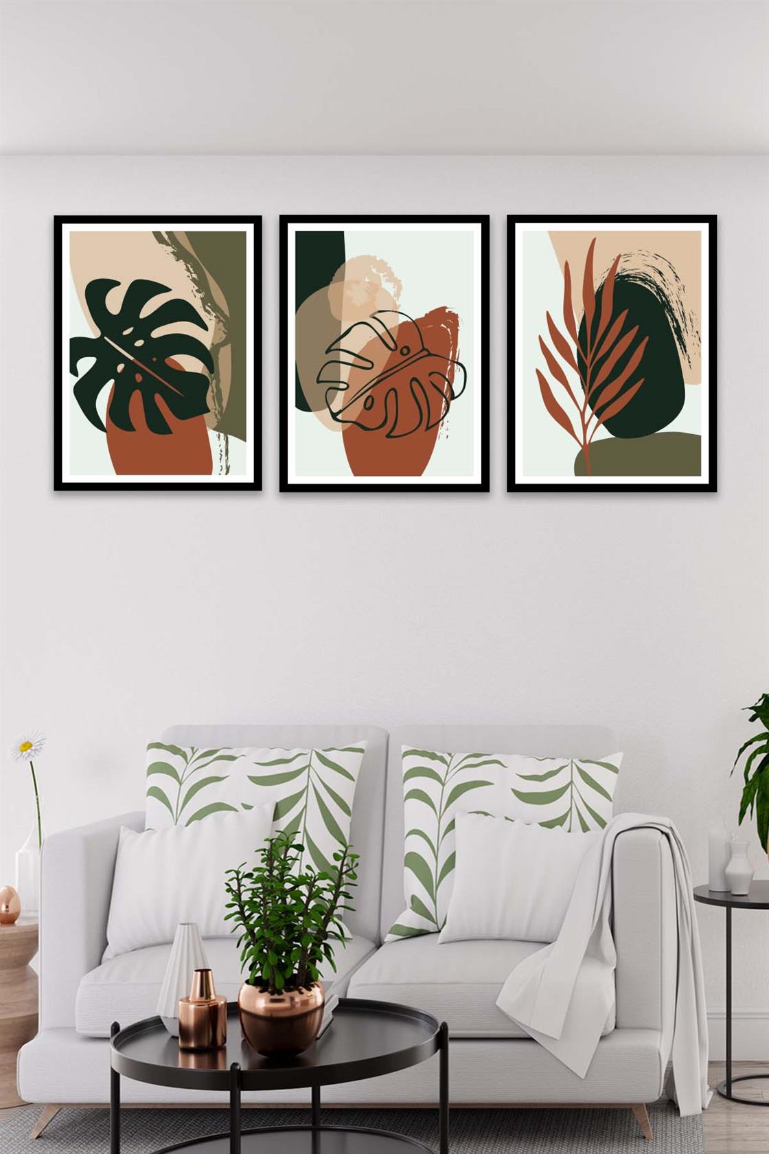3 Parça Bohem Ve Botanik Tarzda (Siyah Çerçeve Görünümlü) Uv Baskı Mdf Tablo Seti