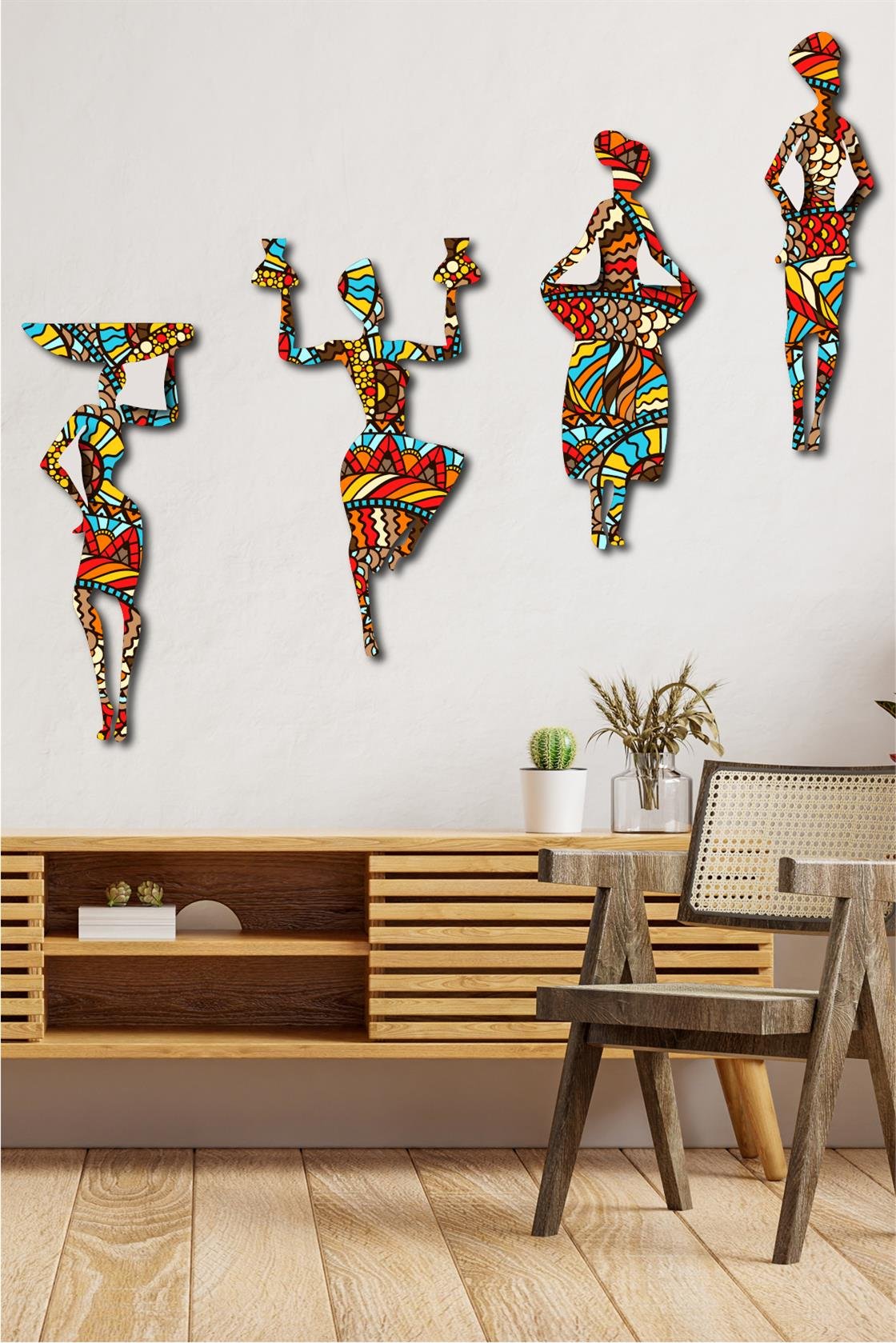 4 Parça Afrikalı Kadın Etnik Desenler Dijital Baskı Mdf Set