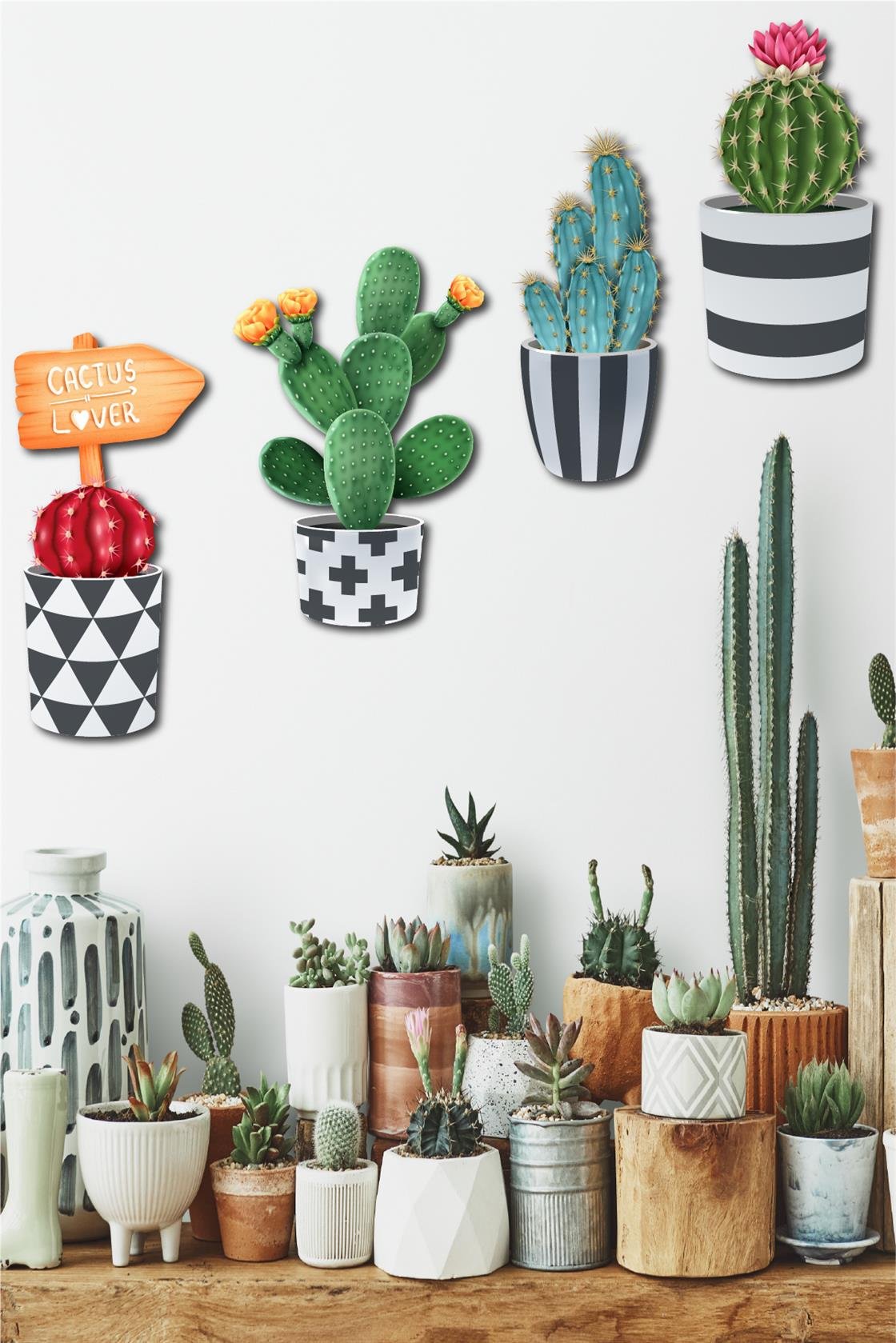 4 Parça Duvar Dekorasyon Ahşap Kaktüs Seti