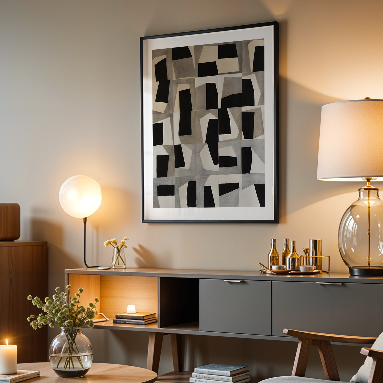 Abstract Blocks Tek Parça Siyah Çerçeveli Ahşap Tablo