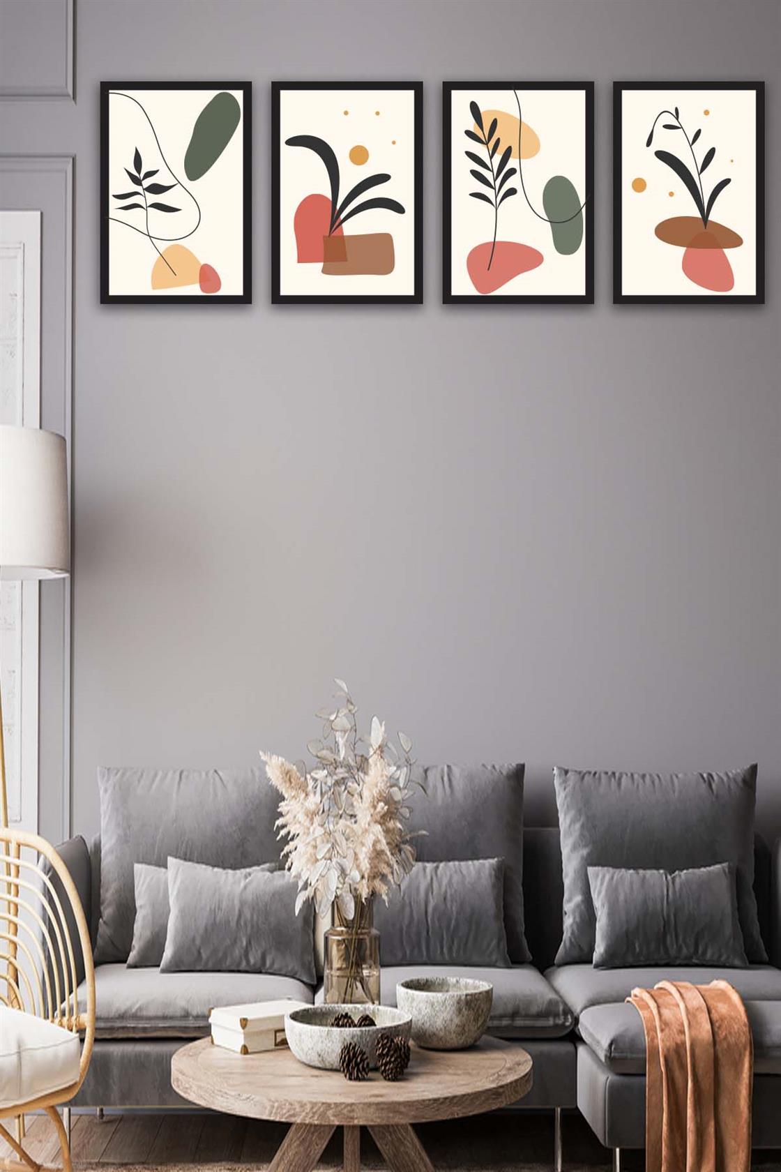 4 Parça Renkli Modern Bohem Tarzda Siyah Çerçeve Görünümlü Uv Baskı Mdf Tablo Seti