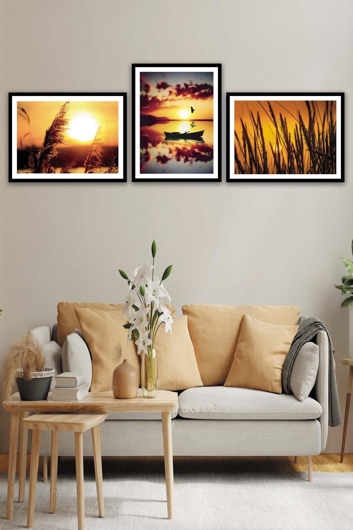 Günbatımı Temalı Siyah Çerçeve Görünümlü Tablo Seti