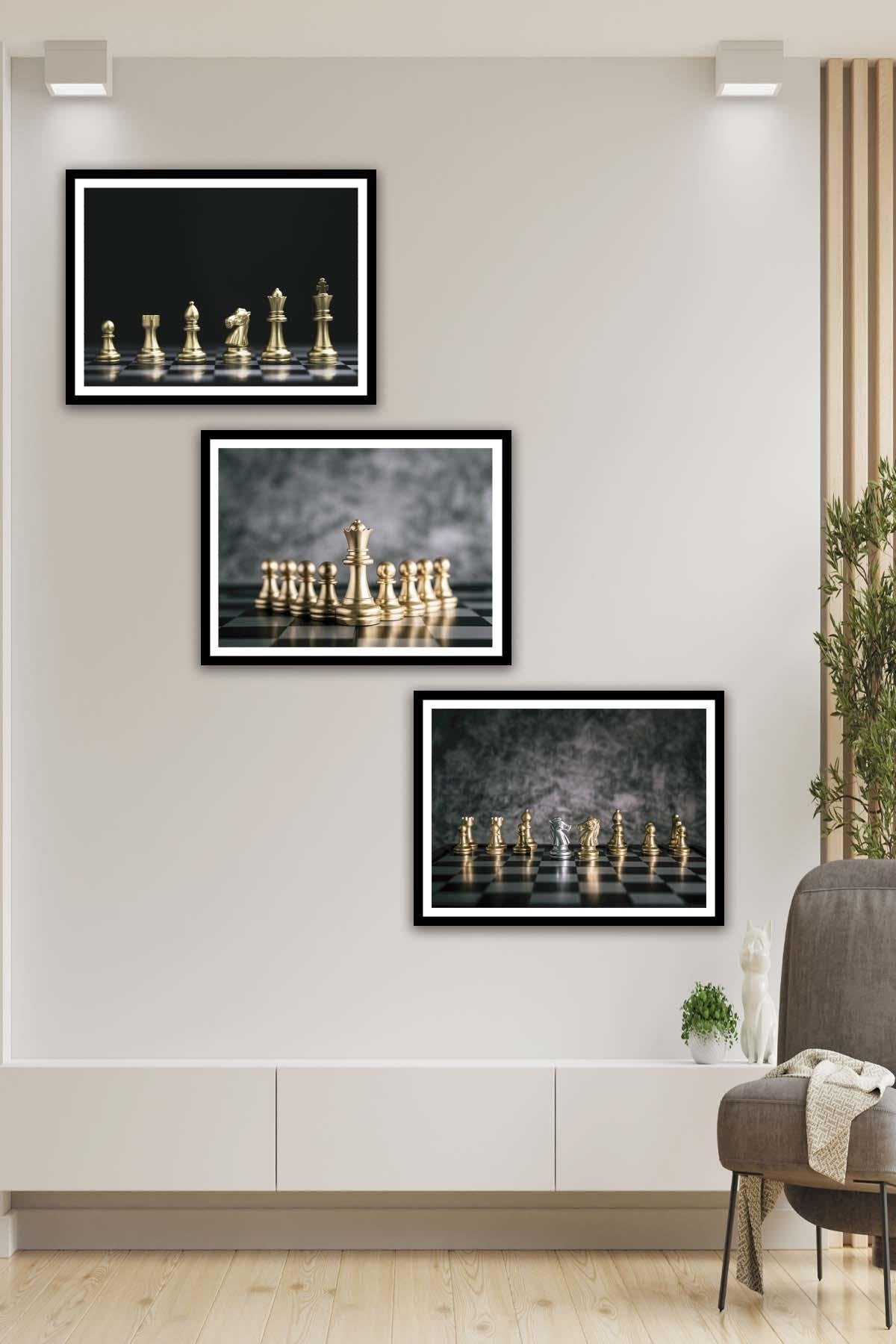 Satranç Temalı Siyah Çerçeve Görünümlü Tablo Seti