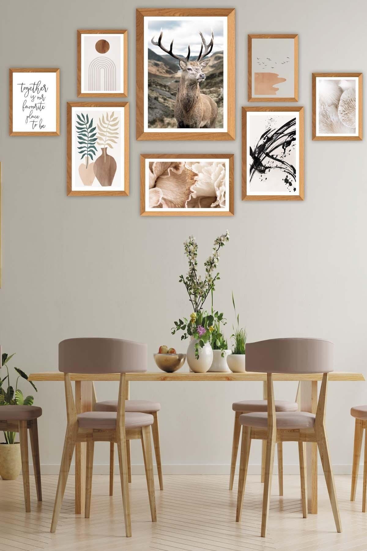 Sanatsal Bohem Yazı Ve Geyik Temalı Tablo Seti