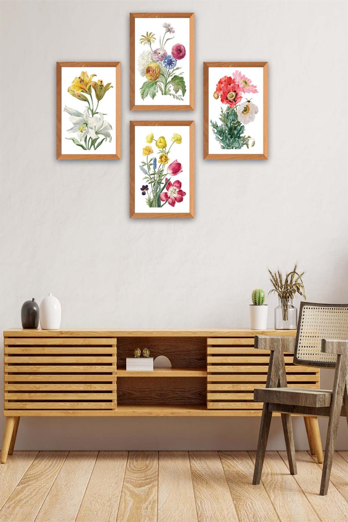 4 Parça Suluboya Tarzında Çiçek Desenli Ahşap Çerçeve Görünümlü Uv Baskı Mdf Tablo Seti