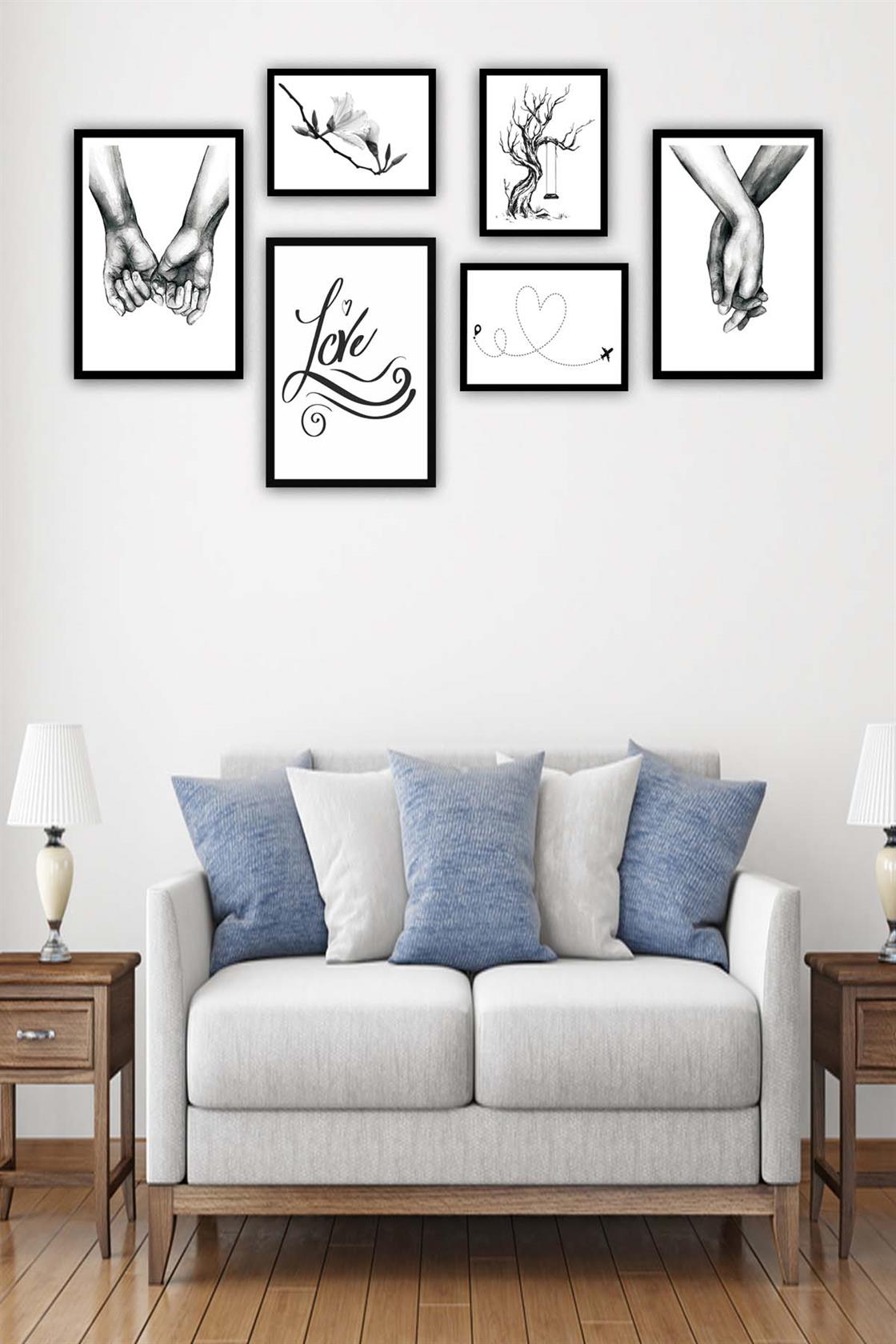 6 Parça Siyah Beyaz Sanatsal Çerçeve Görünümlü Tablo Seti