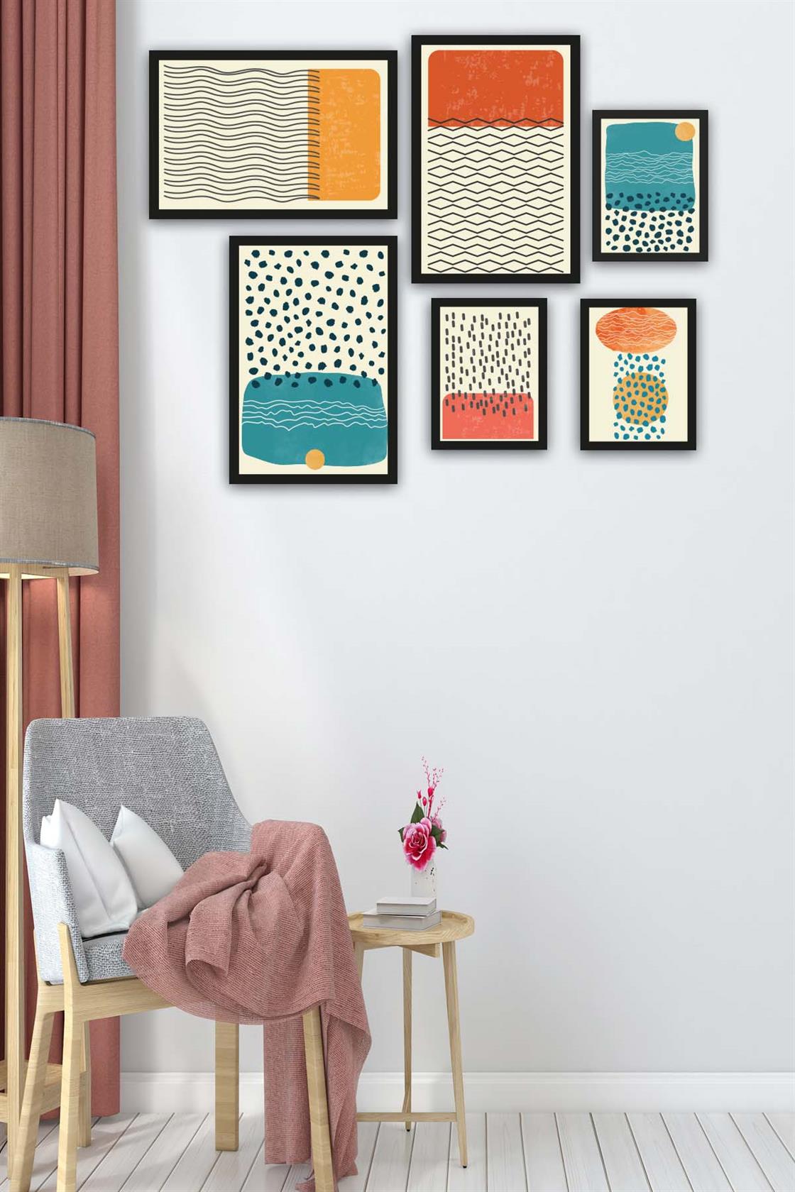 6 Parça Çizim Bohem Tarzda (Siyah Çerçeve Görünümlü) Uv Baskı Tablo Seti