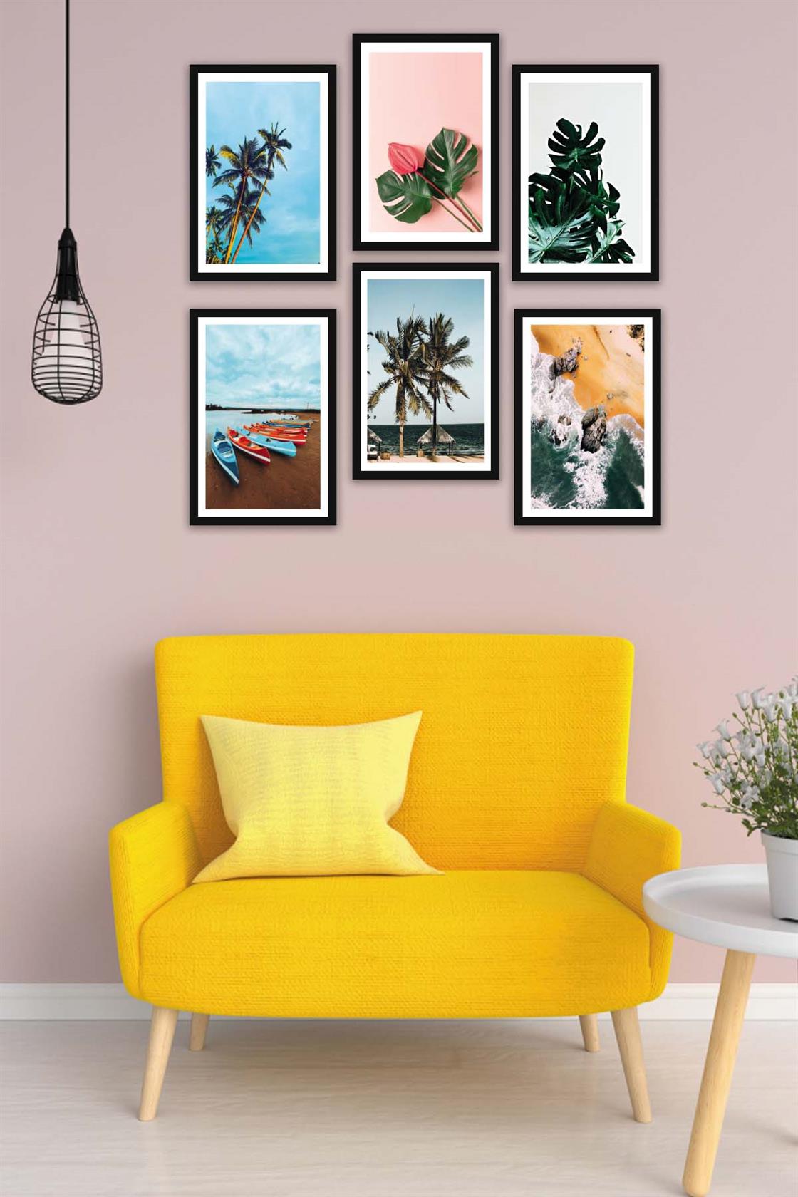 6 Parça Modern Tarzda Manzara Fotoğraflı Siyah Çerçeve Görünümlü Dijital Baskı Tablo Seti