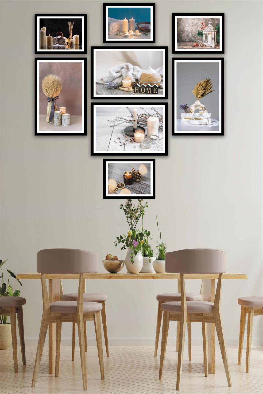 8 Parça Mum Ve Kozalak Tarzında Siyah Çerçeve Görünümlü Mdf Tablo Seti