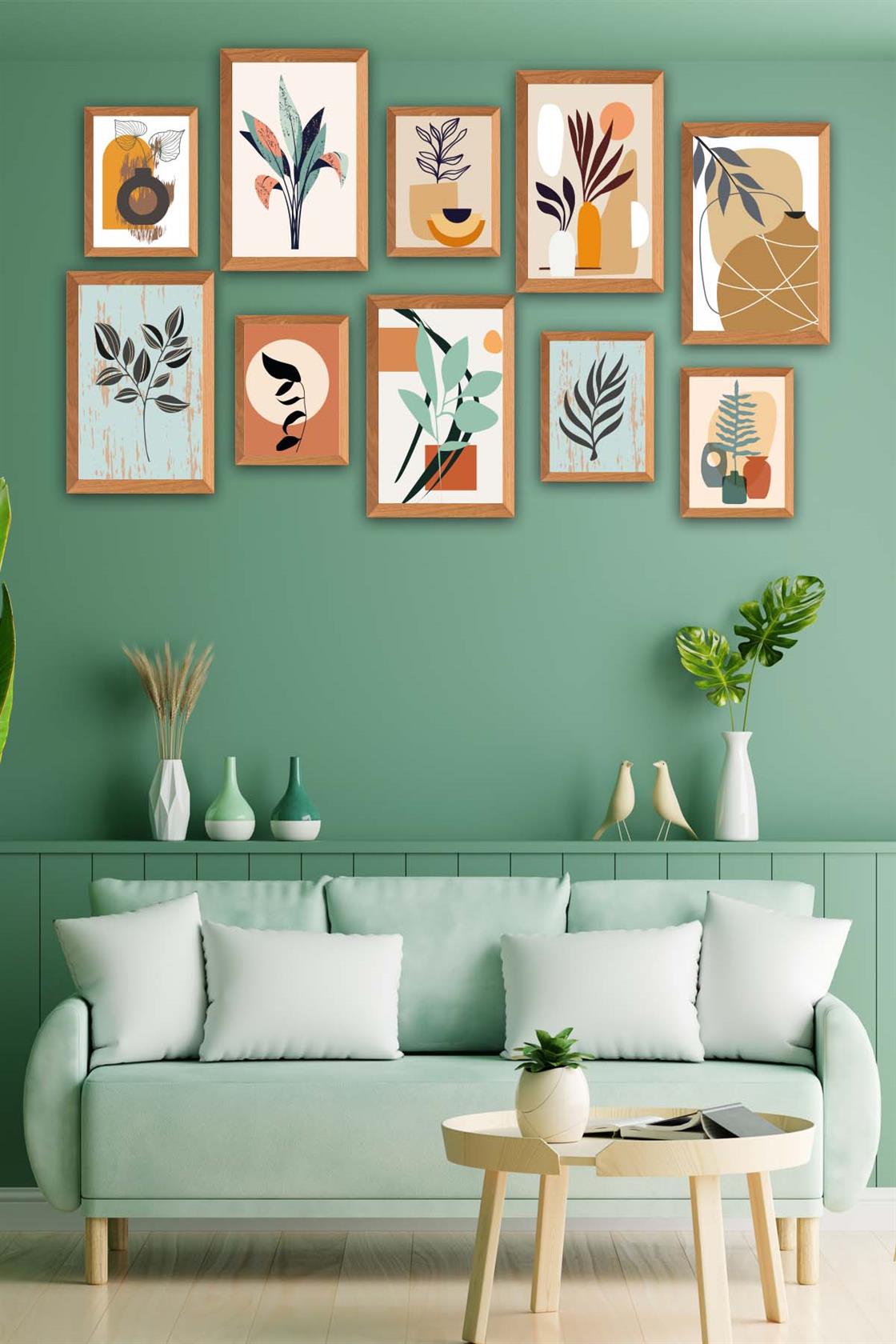 10 Parça Bohem Tarzında Sanatsal (Ahşap çerçeve görünümlü) Uv Baskı Mdf Tablo Seti